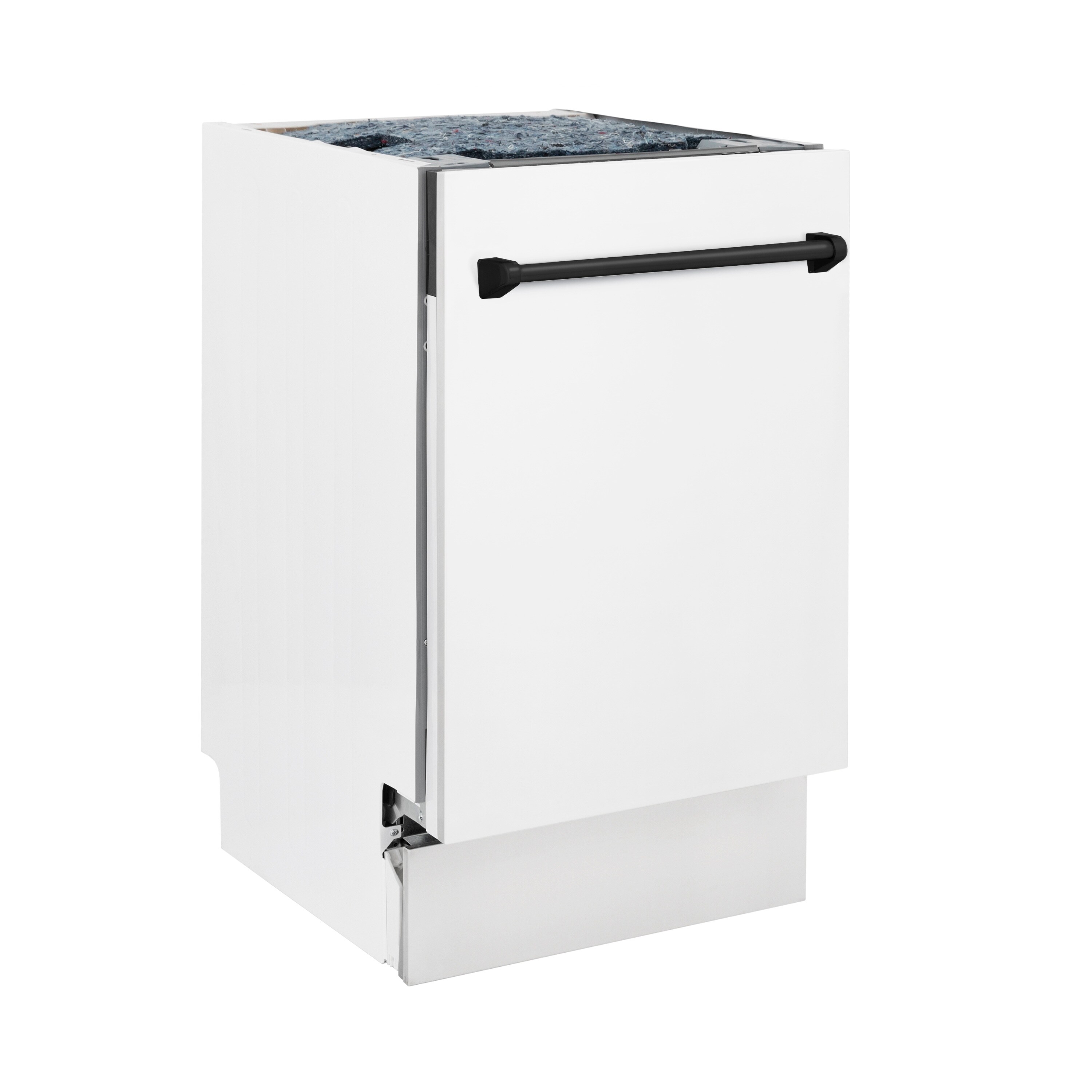 Lavavajillas empotrado de control superior de 18 pulgadas de la Edición Autógrafa de ZLINE KITCHEN & BATH con tercer nivel (Tina de acero inoxidable con panel blanco mate y manija negra mate) ENERGY STAR, Nivel de sonido estándar de 51 decibeles DWVZ-WM-18-MB