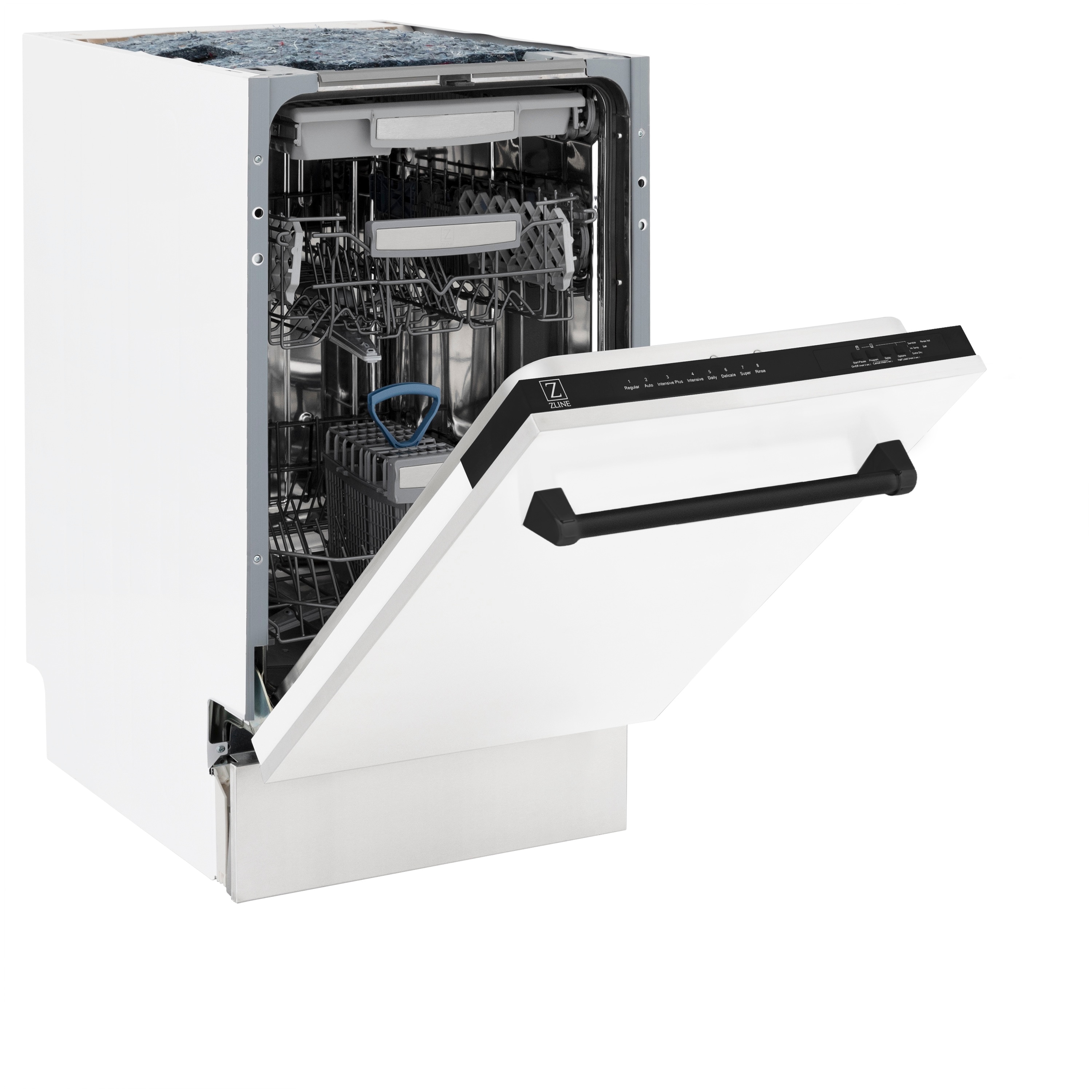 Lavavajillas empotrado de control superior de 18 pulgadas de la Edición Autógrafa de ZLINE KITCHEN & BATH con tercer nivel (Tina de acero inoxidable con panel blanco mate y manija negra mate) ENERGY STAR, Nivel de sonido estándar de 51 decibeles DWVZ-WM-18-MB