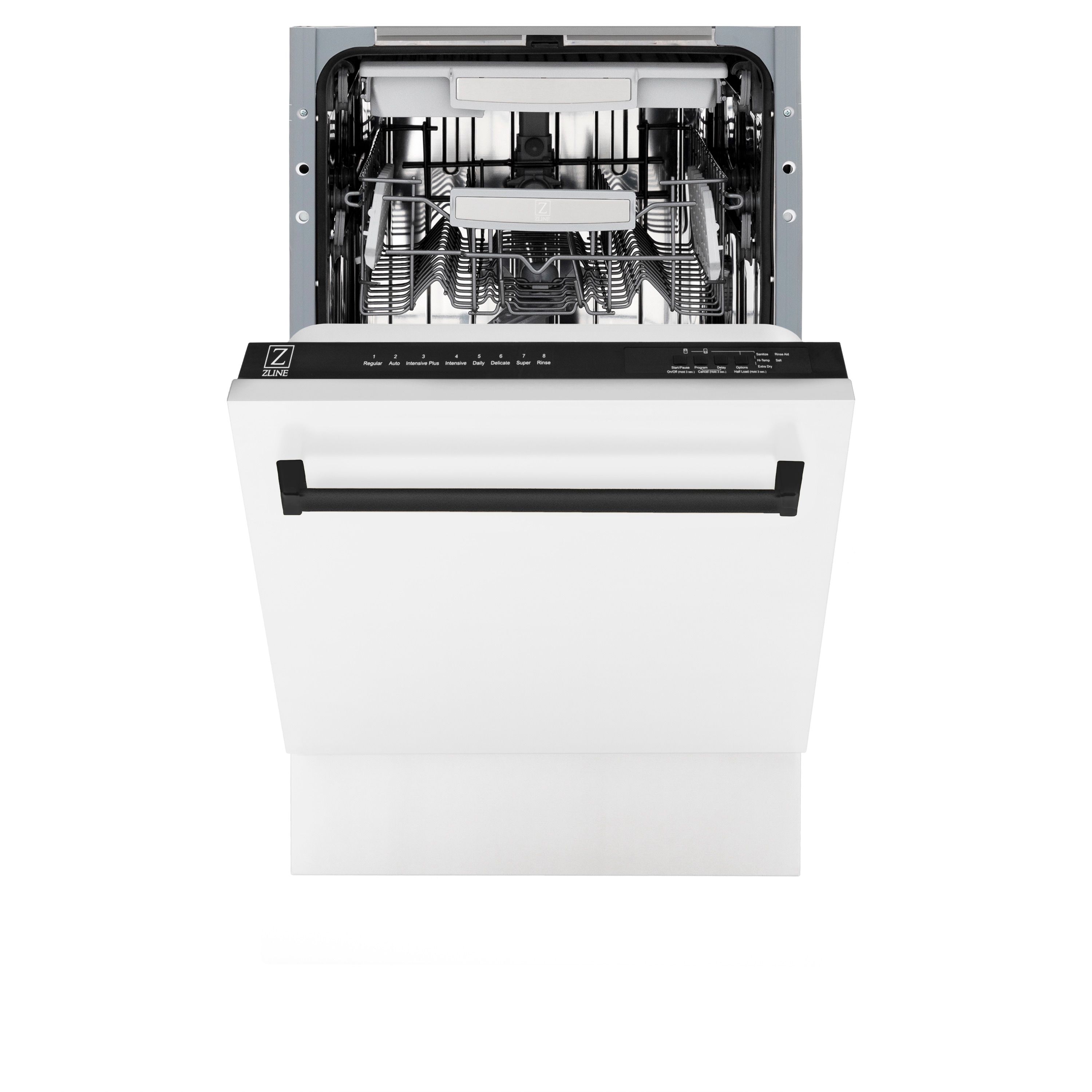 Lavavajillas empotrado de control superior de 18 pulgadas de la Edición Autógrafa de ZLINE KITCHEN & BATH con tercer nivel (Tina de acero inoxidable con panel blanco mate y manija negra mate) ENERGY STAR, Nivel de sonido estándar de 51 decibeles DWVZ-WM-18-MB