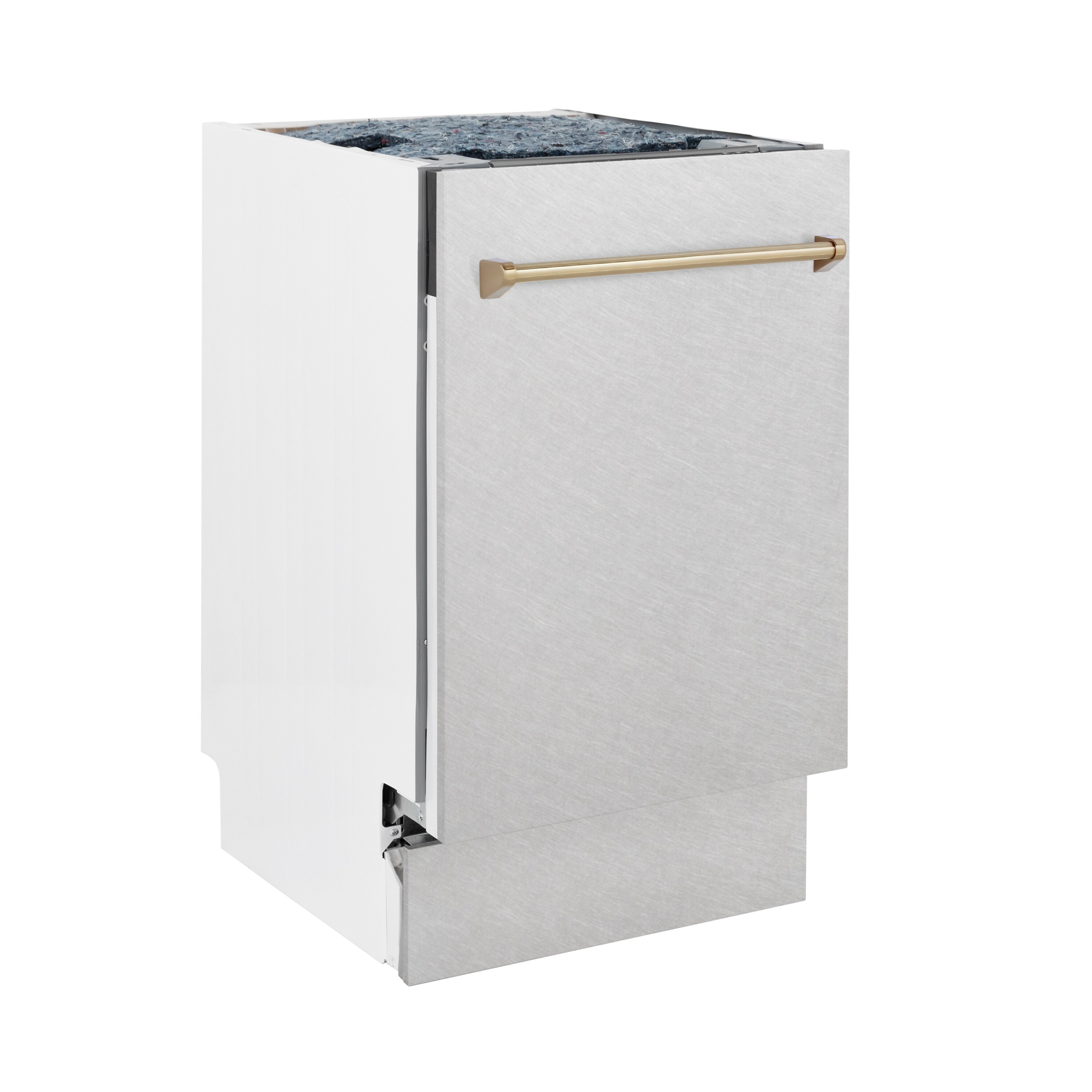 Lavavajillas empotrable de control superior de 18 pulgadas de la Edición Autograph de ZLINE KITCHEN & BATH con tercer riel (Acero inoxidable resistente a las huellas dactilares con mango de bronce champán) ENERGY STAR, nivel de sonido estándar de 51 decibeles DWVZ-SN-18-CB