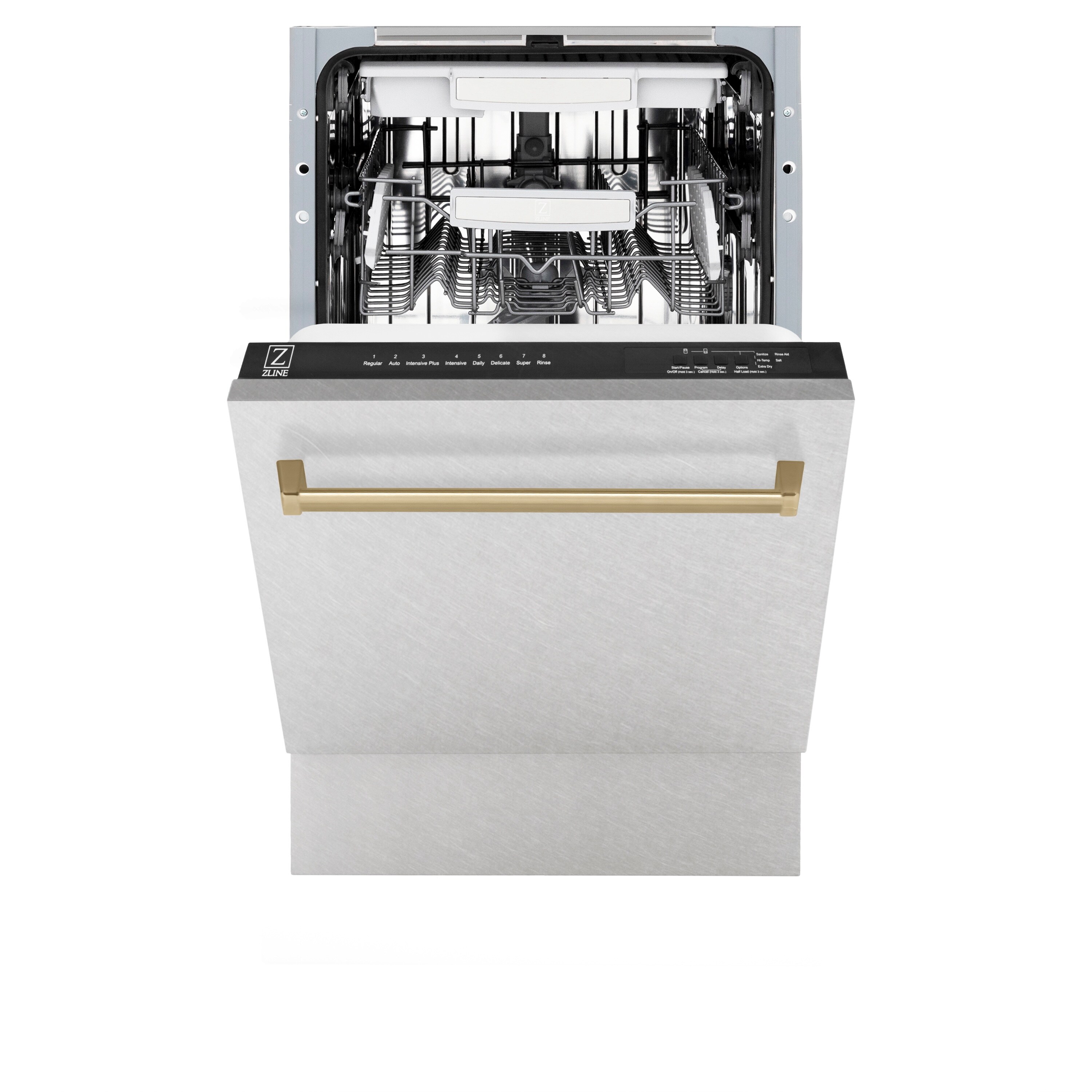 Lavavajillas empotrable de control superior de 18 pulgadas de la Edición Autograph de ZLINE KITCHEN & BATH con tercer riel (Acero inoxidable resistente a las huellas dactilares con mango de bronce champán) ENERGY STAR, nivel de sonido estándar de 51 decibeles DWVZ-SN-18-CB