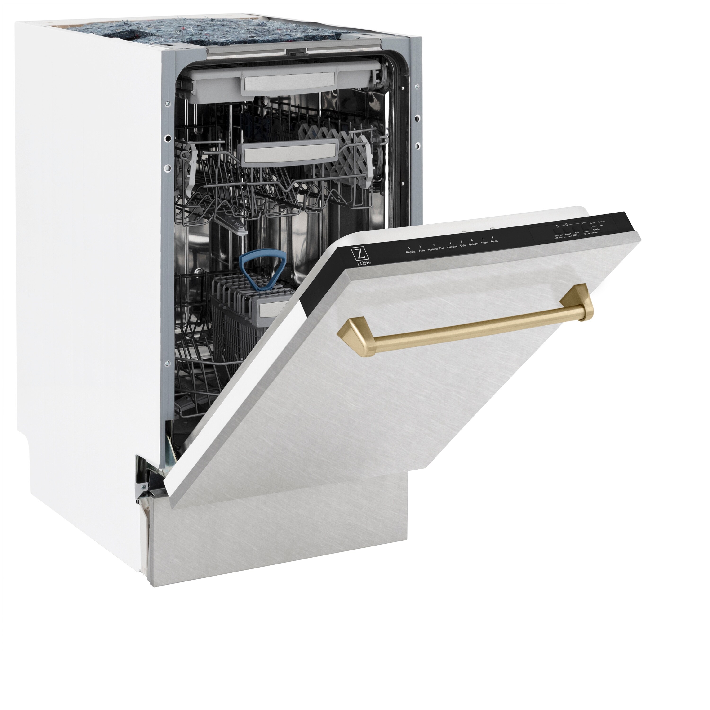 Lavavajillas empotrable de control superior de 18 pulgadas de la Edición Autograph de ZLINE KITCHEN & BATH con tercer riel (Acero inoxidable resistente a las huellas dactilares con mango de bronce champán) ENERGY STAR, nivel de sonido estándar de 51 decibeles DWVZ-SN-18-CB