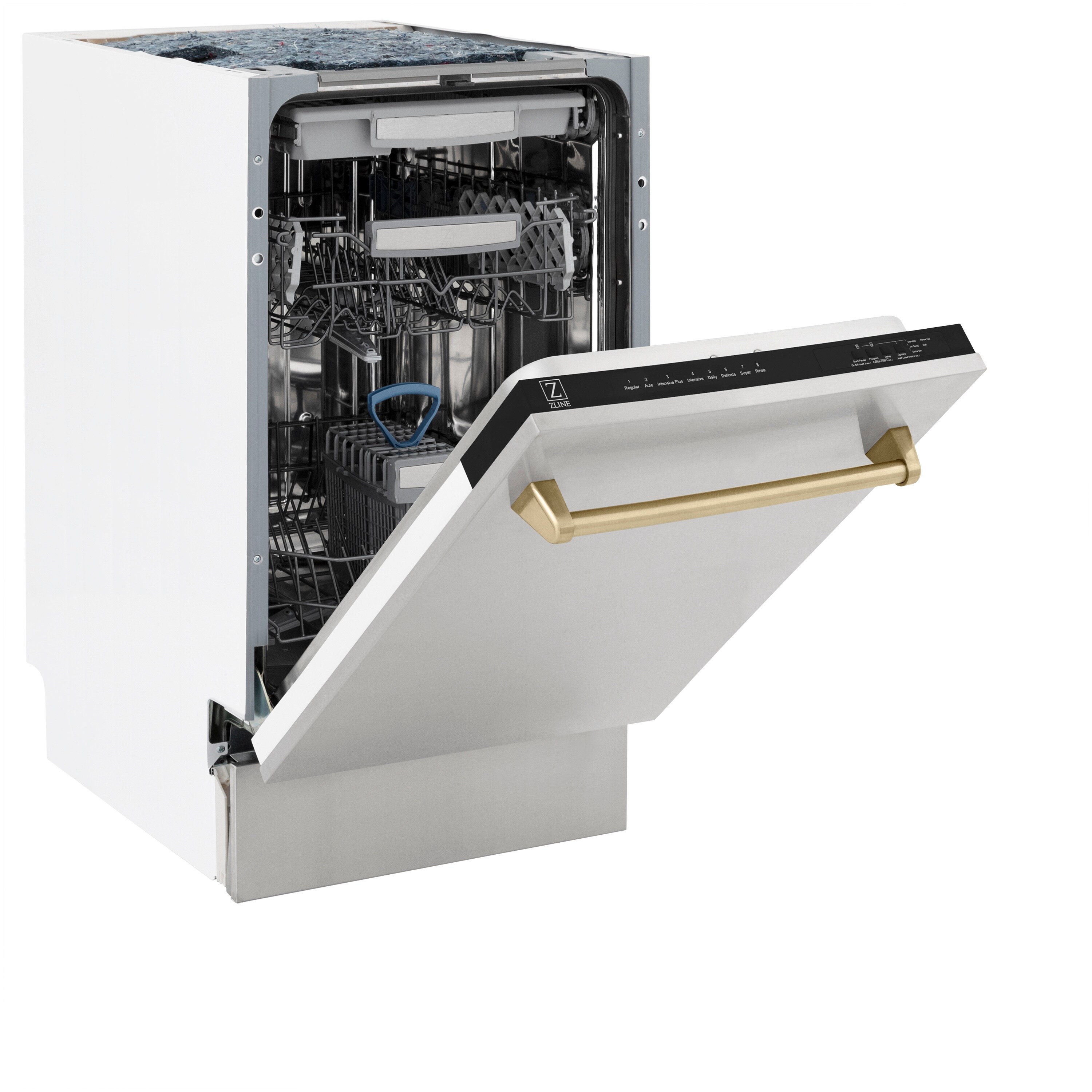Lavavajillas Empotrado de Control Superior de 18 pulgadas de la Edición Autógrafo de ZLINE KITCHEN & BATH con Tercer Estante (Tina de Acero Inoxidable con Panel de Acero Inoxidable y Mango en Bronce Champán) ENERGY STAR, Nivel de Sonido Estandar de 51 Decibeles DWVZ-304-18-CB.