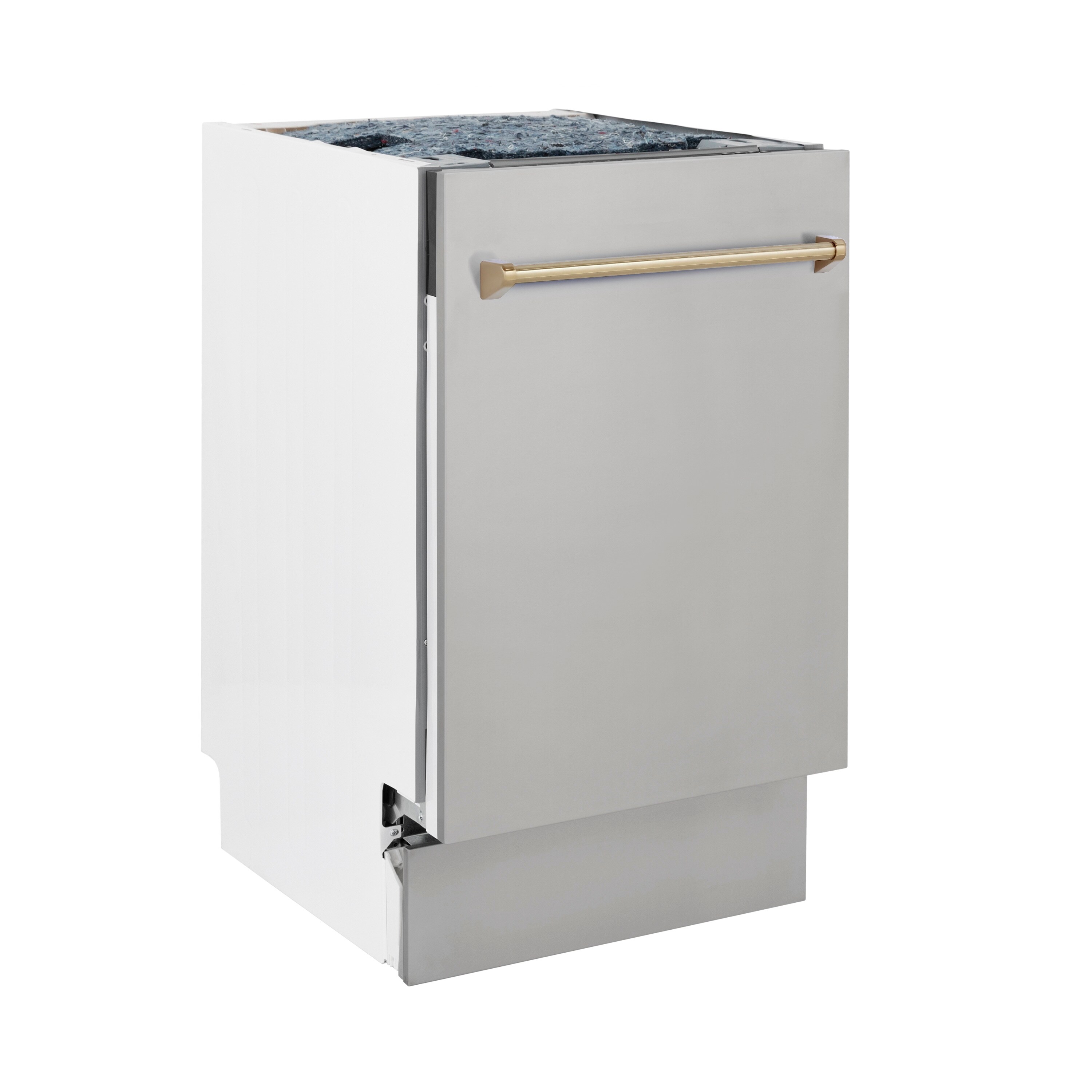 Lavavajillas Empotrado de Control Superior de 18 pulgadas de la Edición Autógrafo de ZLINE KITCHEN & BATH con Tercer Estante (Tina de Acero Inoxidable con Panel de Acero Inoxidable y Mango en Bronce Champán) ENERGY STAR, Nivel de Sonido Estandar de 51 Decibeles DWVZ-304-18-CB.