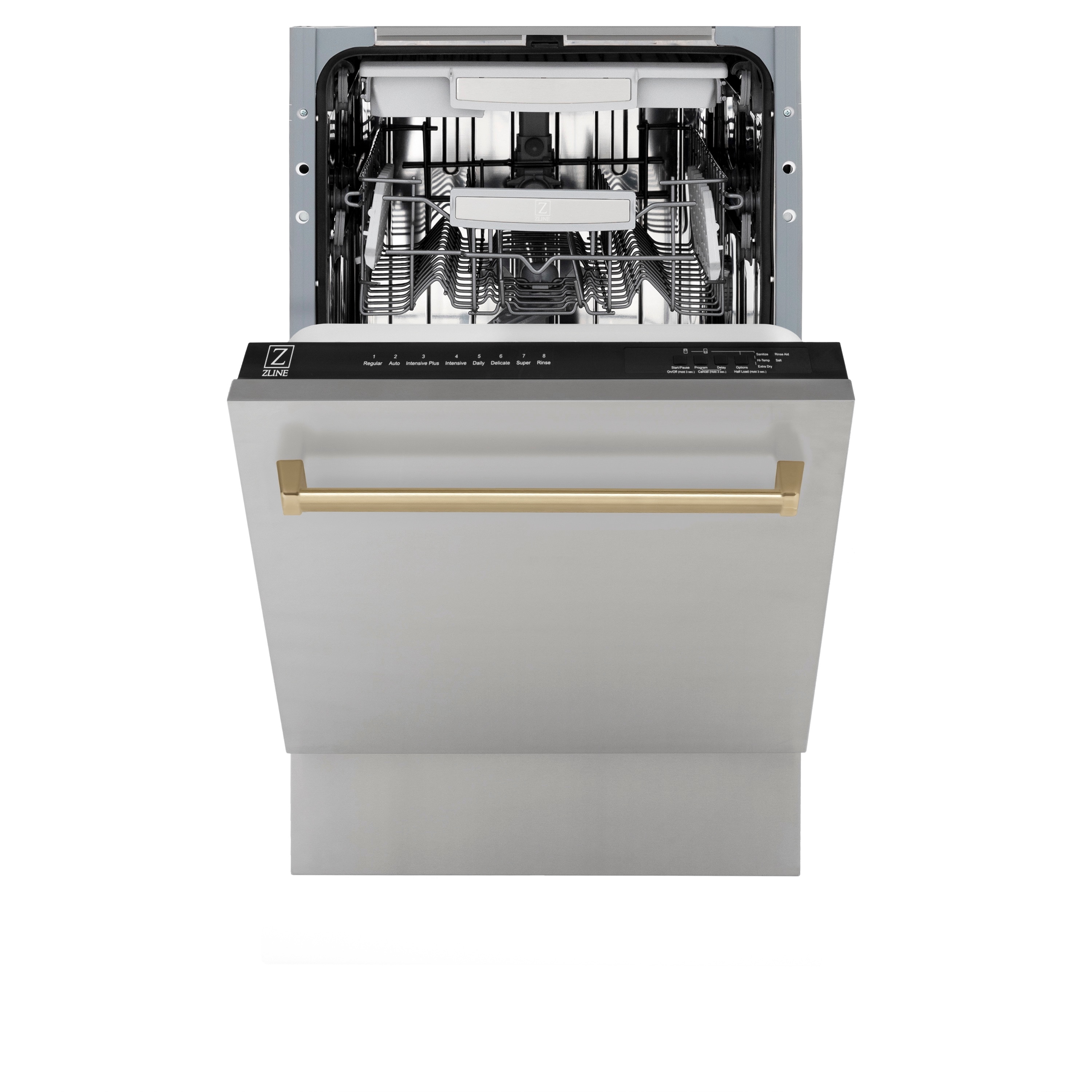 Lavavajillas Empotrado de Control Superior de 18 pulgadas de la Edición Autógrafo de ZLINE KITCHEN & BATH con Tercer Estante (Tina de Acero Inoxidable con Panel de Acero Inoxidable y Mango en Bronce Champán) ENERGY STAR, Nivel de Sonido Estandar de 51 Decibeles DWVZ-304-18-CB.