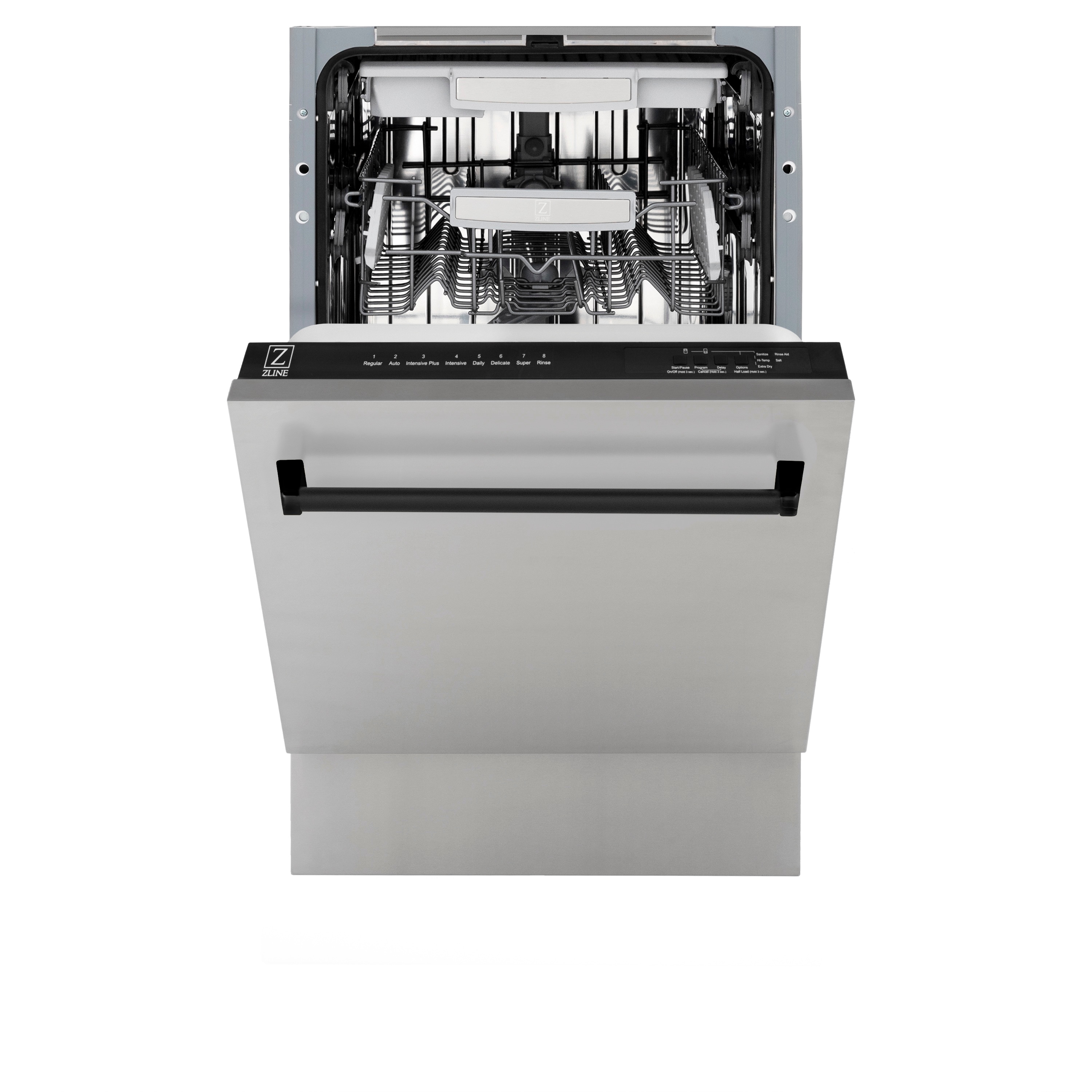 Lavavajillas empotrado de control superior de 18 pulgadas de la Edición Autógrafa de ZLINE KITCHEN & BATH con tercer estante (tina de acero inoxidable con panel de acero inoxidable y mango negro mate) ENERGY STAR, nivel de sonido estándar de 51 decibeles DWVZ-304-18-MB