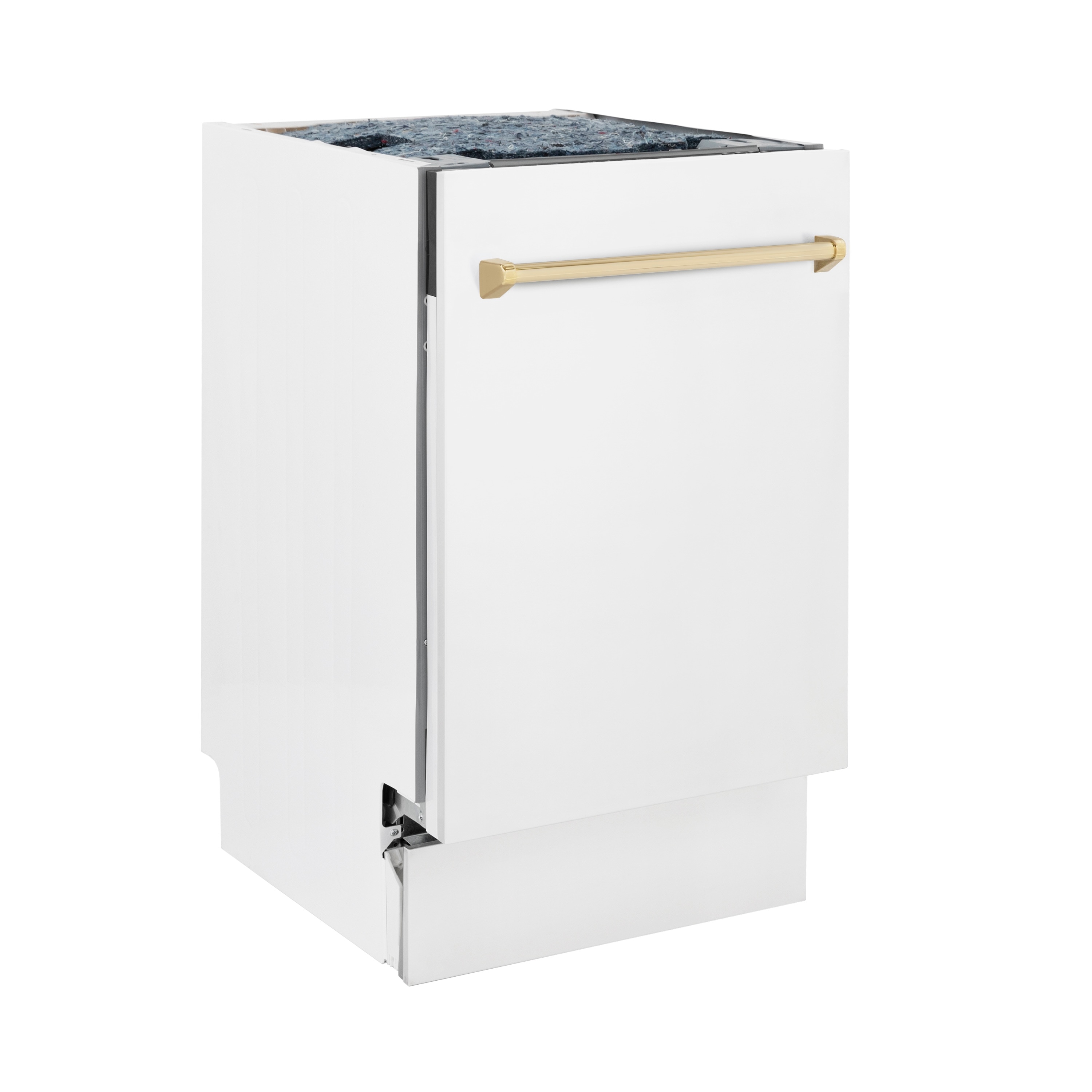 Lavavajillas Empotrado de 18 pulgadas con Tercer Estante de ZLINE KITCHEN & BATH Edición Autograph (Tina de Acero Inoxidable con Panel Blanco Mate y Mango Dorado Pulido) ENERGY STAR, Nivel de Sonido Estándar de 51 Decibeles DWVZ-WM-18-G