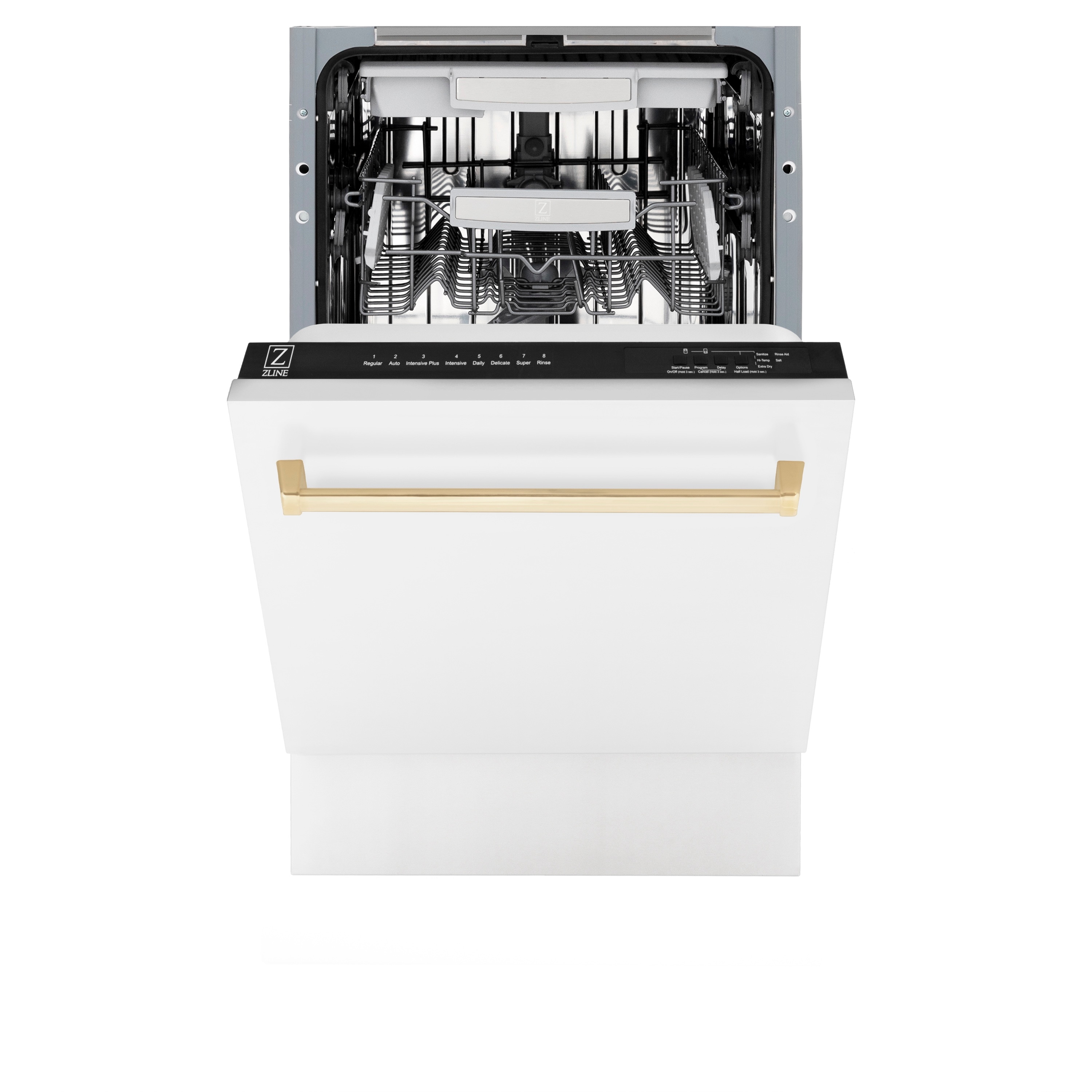 Lavavajillas Empotrado de 18 pulgadas con Tercer Estante de ZLINE KITCHEN & BATH Edición Autograph (Tina de Acero Inoxidable con Panel Blanco Mate y Mango Dorado Pulido) ENERGY STAR, Nivel de Sonido Estándar de 51 Decibeles DWVZ-WM-18-G