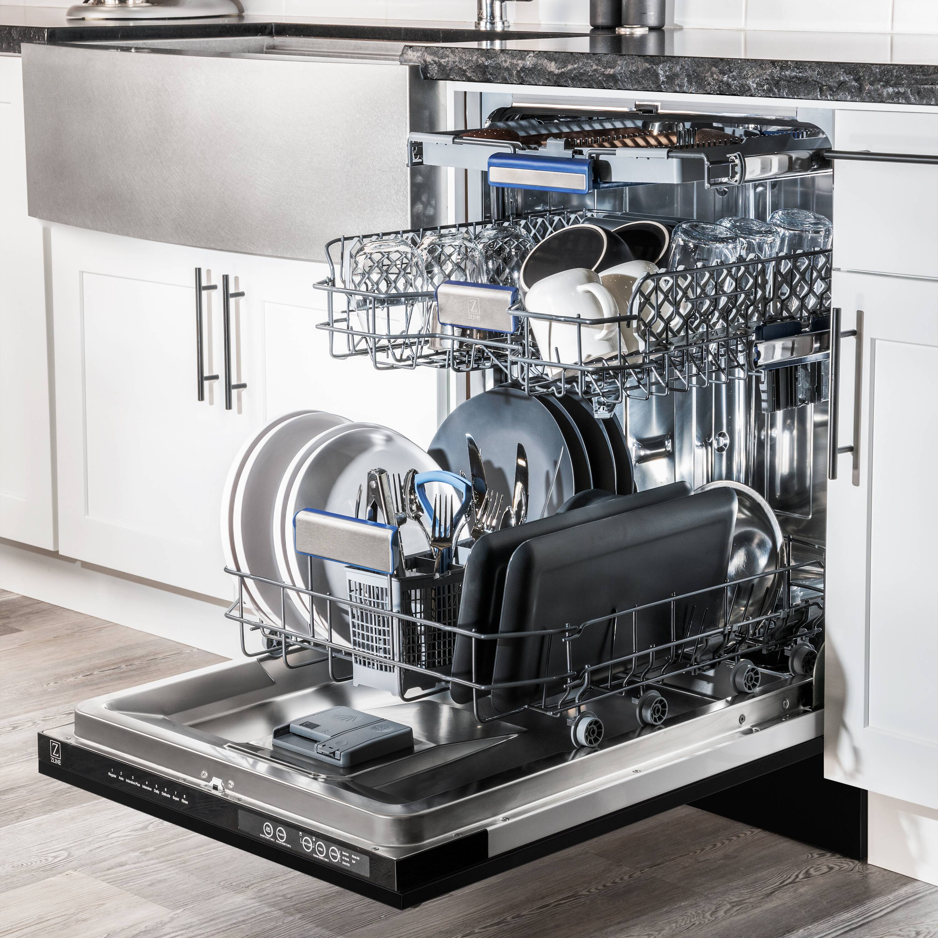 Lavavajillas Empotrado con Control Superior de 18 pulgadas de Edición Autógrafa de ZLINE KITCHEN & BATH con Tercer Riel (Tina de Acero Inoxidable con Panel de Acero Inoxidable Negro y Mango Dorado Pulido) Certificado ENERGY STAR, Nivel de Sonido Estándar de 51 Decibeles DWVZ-BS-18-G.