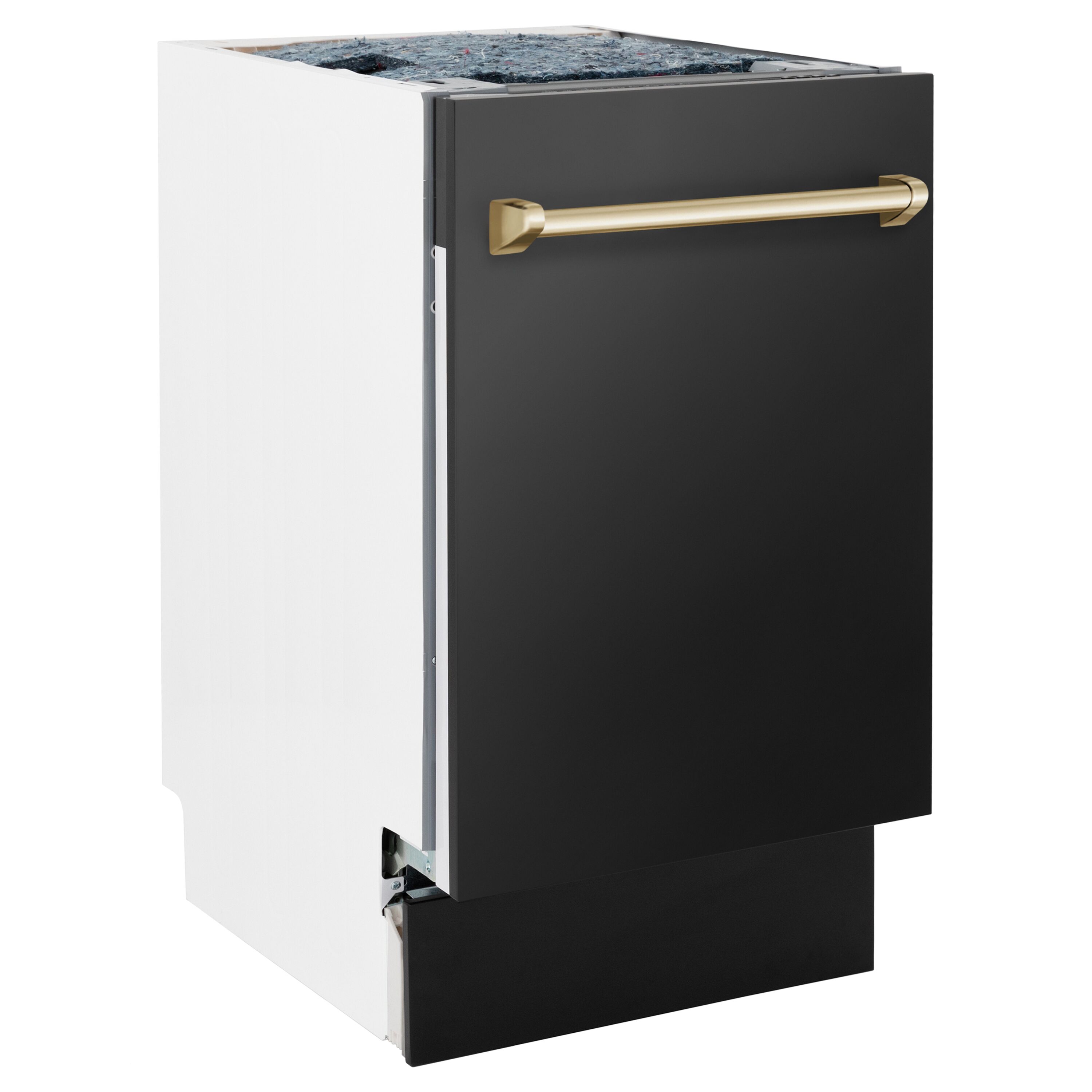 Lavavajillas Empotrado con Control Superior de 18 pulgadas de Edición Autógrafa de ZLINE KITCHEN & BATH con Tercer Riel (Tina de Acero Inoxidable con Panel de Acero Inoxidable Negro y Mango Dorado Pulido) Certificado ENERGY STAR, Nivel de Sonido Estándar de 51 Decibeles DWVZ-BS-18-G.