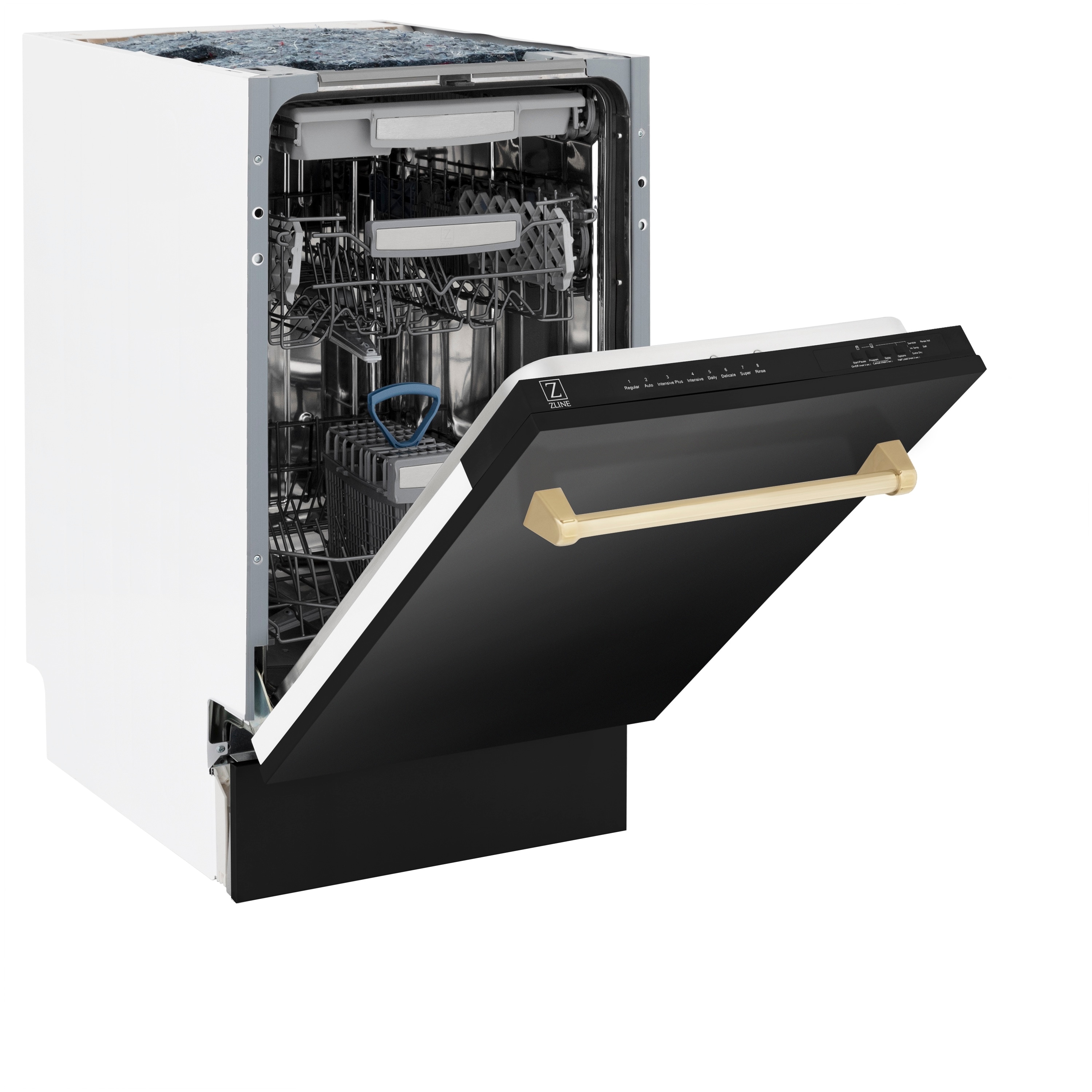 Lavavajillas Empotrado con Control Superior de 18 pulgadas de Edición Autógrafa de ZLINE KITCHEN & BATH con Tercer Riel (Tina de Acero Inoxidable con Panel de Acero Inoxidable Negro y Mango Dorado Pulido) Certificado ENERGY STAR, Nivel de Sonido Estándar de 51 Decibeles DWVZ-BS-18-G.