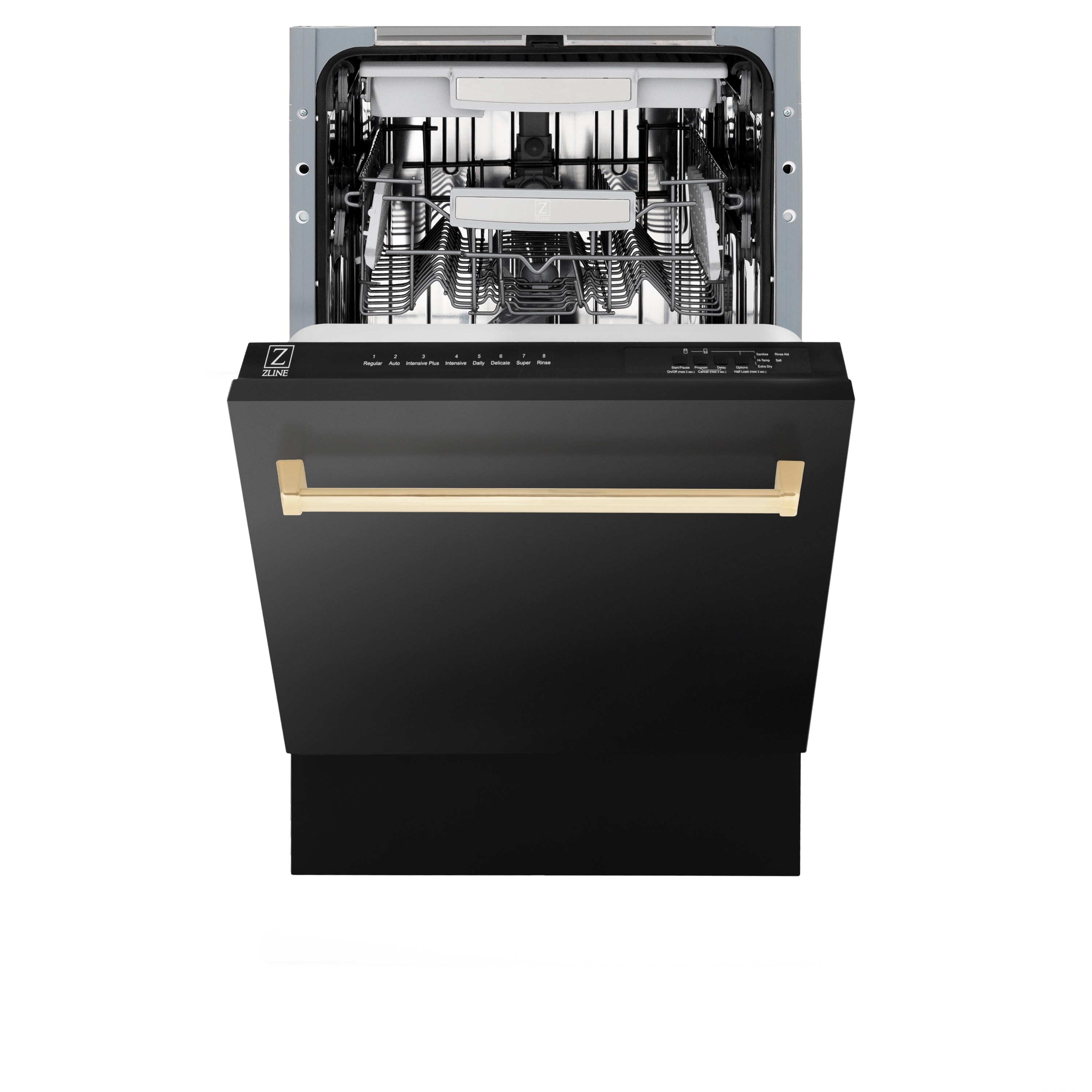 Lavavajillas Empotrado con Control Superior de 18 pulgadas de Edición Autógrafa de ZLINE KITCHEN & BATH con Tercer Riel (Tina de Acero Inoxidable con Panel de Acero Inoxidable Negro y Mango Dorado Pulido) Certificado ENERGY STAR, Nivel de Sonido Estándar de 51 Decibeles DWVZ-BS-18-G.