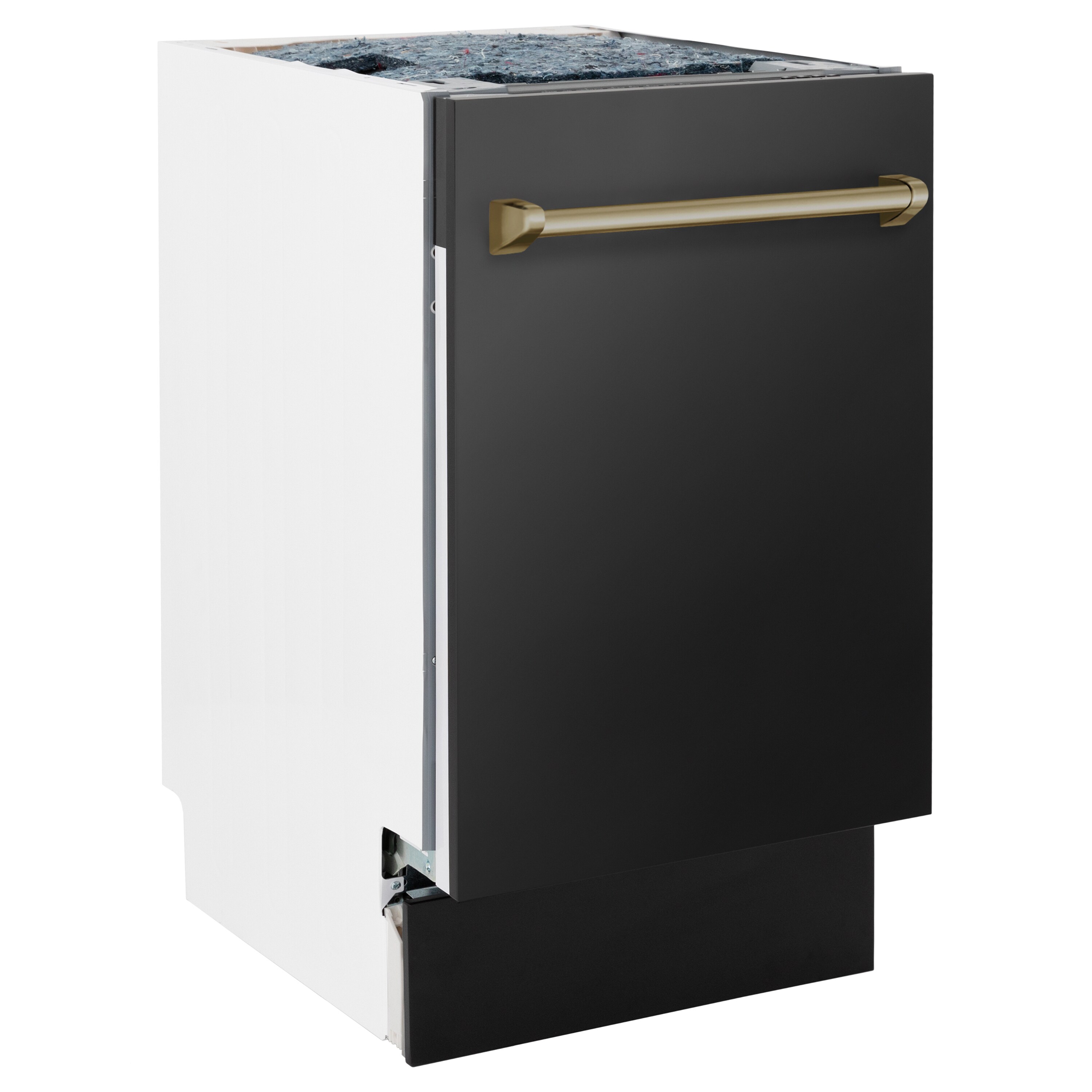 Lavavajillas empotrado de 18 pulgadas de la Edición Autógrafo de ZLINE KITCHEN & BATH con Tercer Rack (Tina de Acero Inoxidable con Panel de Acero Inoxidable Negro y Mango de Bronce Champagne) certificado ENERGY STAR, Nivel de Sonido Estándar de 51 Decibeles DWVZ-BS-18-CB