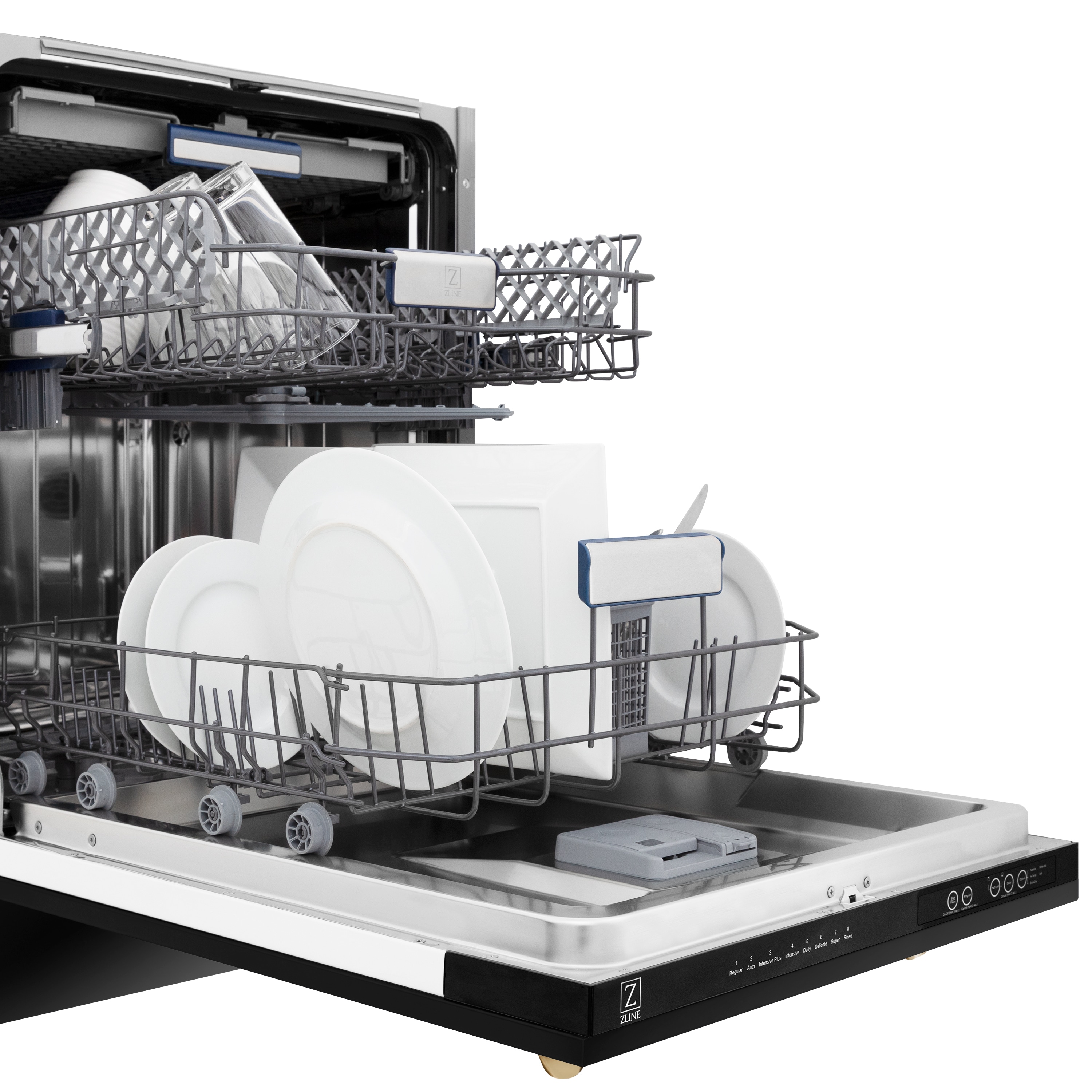 Lavavajillas empotrado de 18 pulgadas de la Edición Autógrafo de ZLINE KITCHEN & BATH con Tercer Rack (Tina de Acero Inoxidable con Panel de Acero Inoxidable Negro y Mango de Bronce Champagne) certificado ENERGY STAR, Nivel de Sonido Estándar de 51 Decibeles DWVZ-BS-18-CB