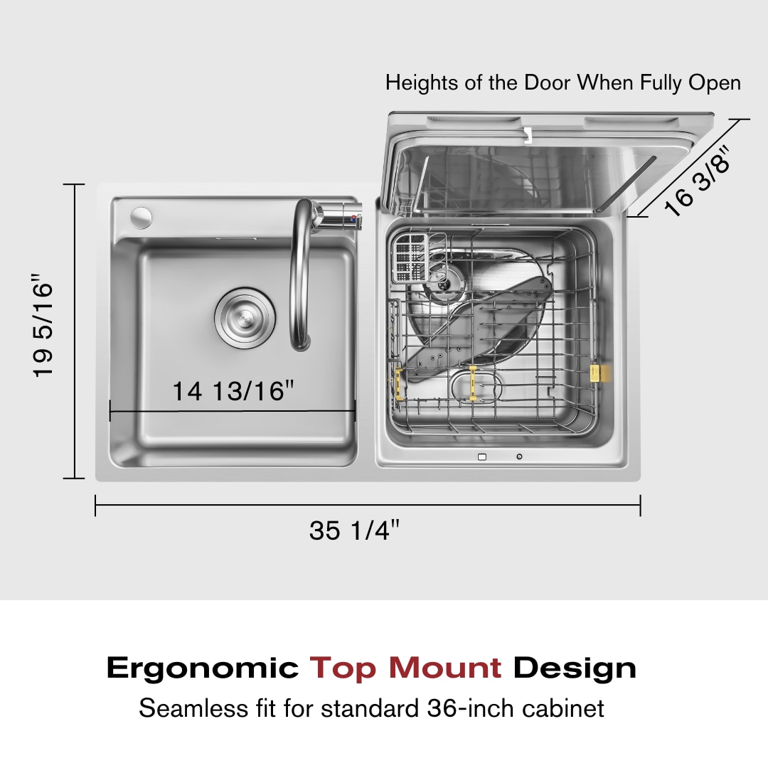 Lavavajillas 2 en 1 en Fregadero FOTILE Right Orientation de 18 pulgadas en Acero Inoxidable y Vidrio Templado Negro del Lado Derecho, Lavavajillas Integrado de Control Superior a 57.8 decibeles de Nivel de Sonido Estándar SD2F-P3