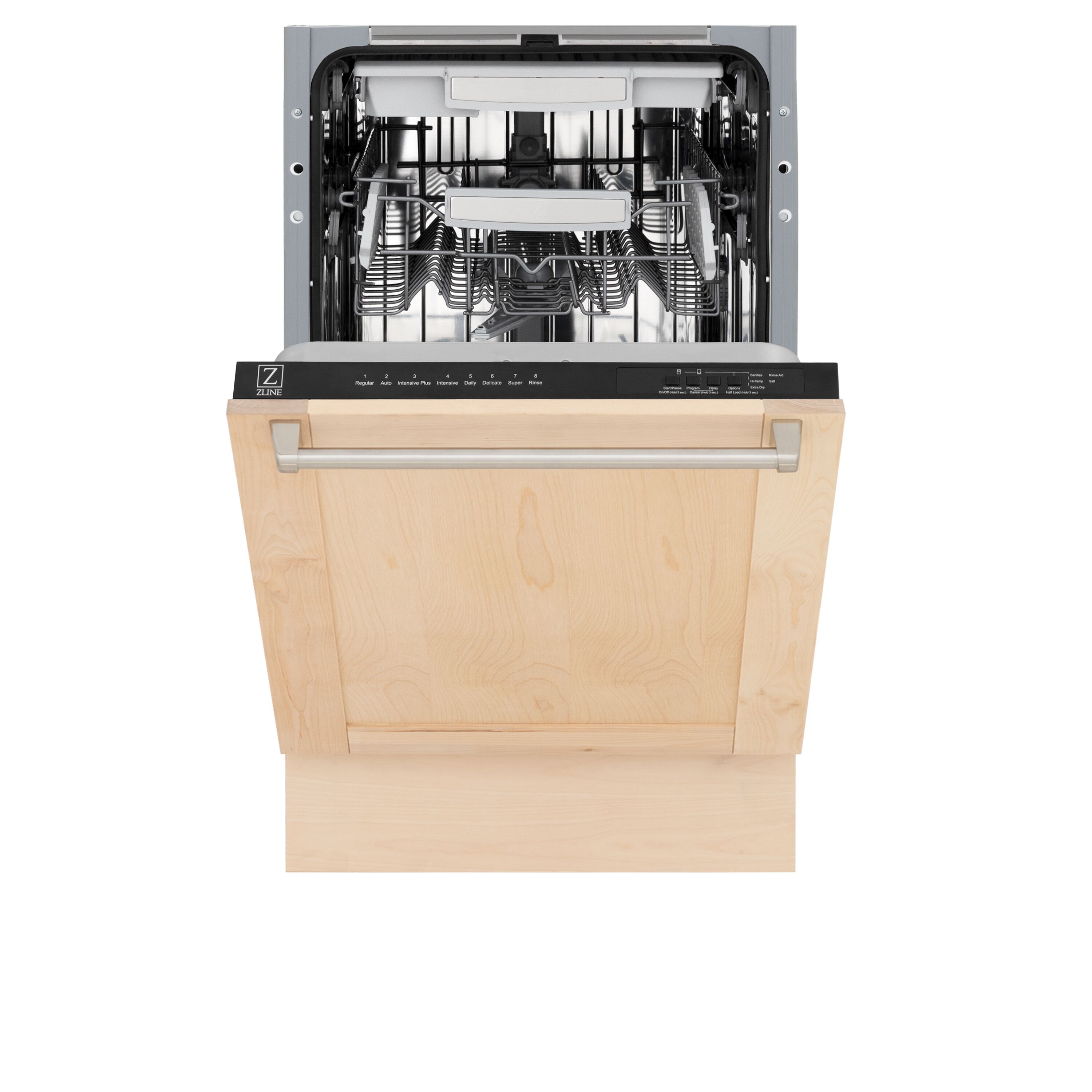 Lavavajillas empotrado de control superior de 18 pulgadas con tercera rejilla (tina de acero inoxidable con panel de madera sin terminar) ENERGY STAR, nivel de sonido estándar de 51 decibelios Modelo DWV-UF-18 de ZLINE KITCHEN & BATH.