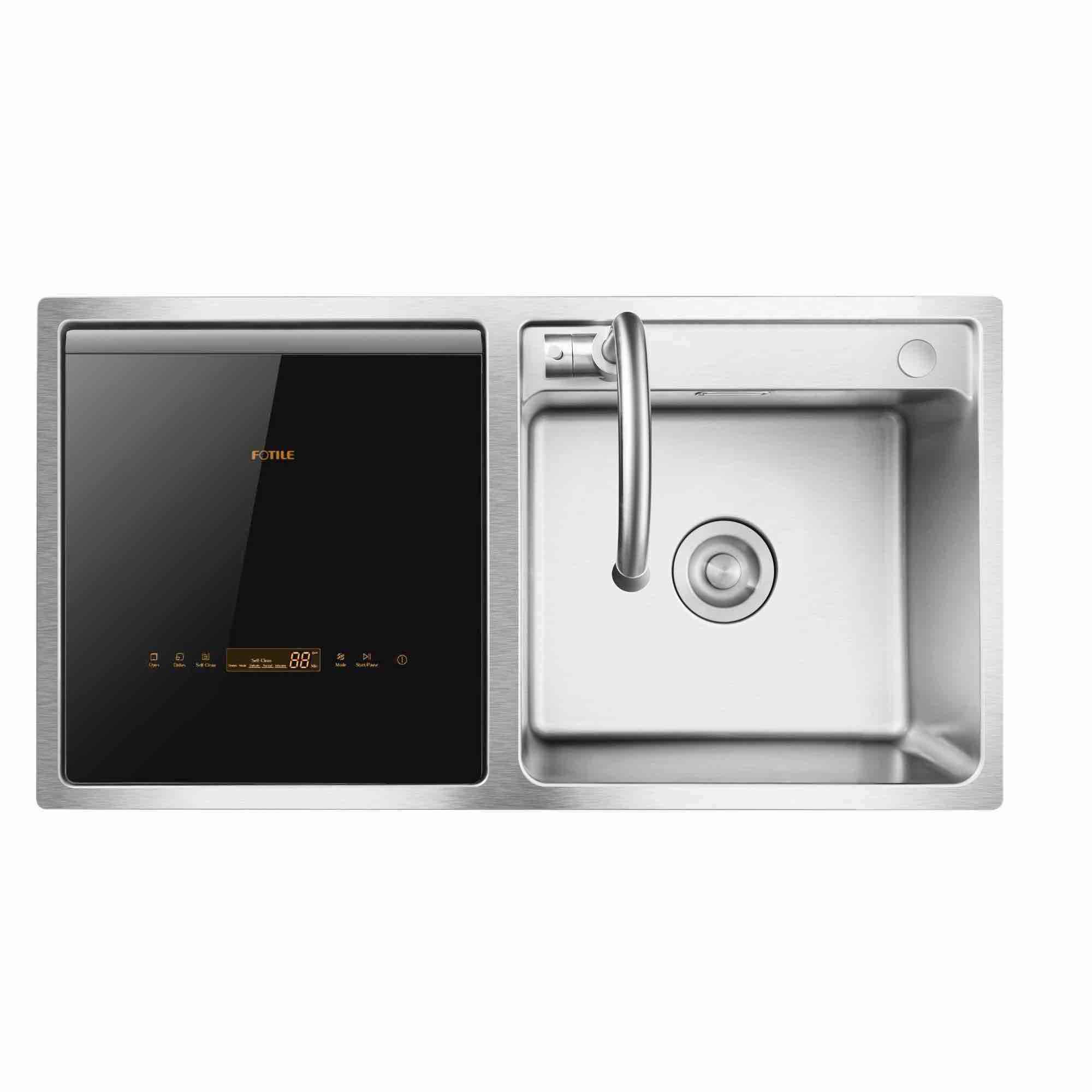 Lavavajillas 2 en 1 en fregadero FOTILE con orientación izquierda, de 18 pulgadas con control superior empotrado (Lado izquierdo de vidrio templado negro y acero inoxidable), Nivel de sonido estándar de 57.8 decibelios SD2F-P3L