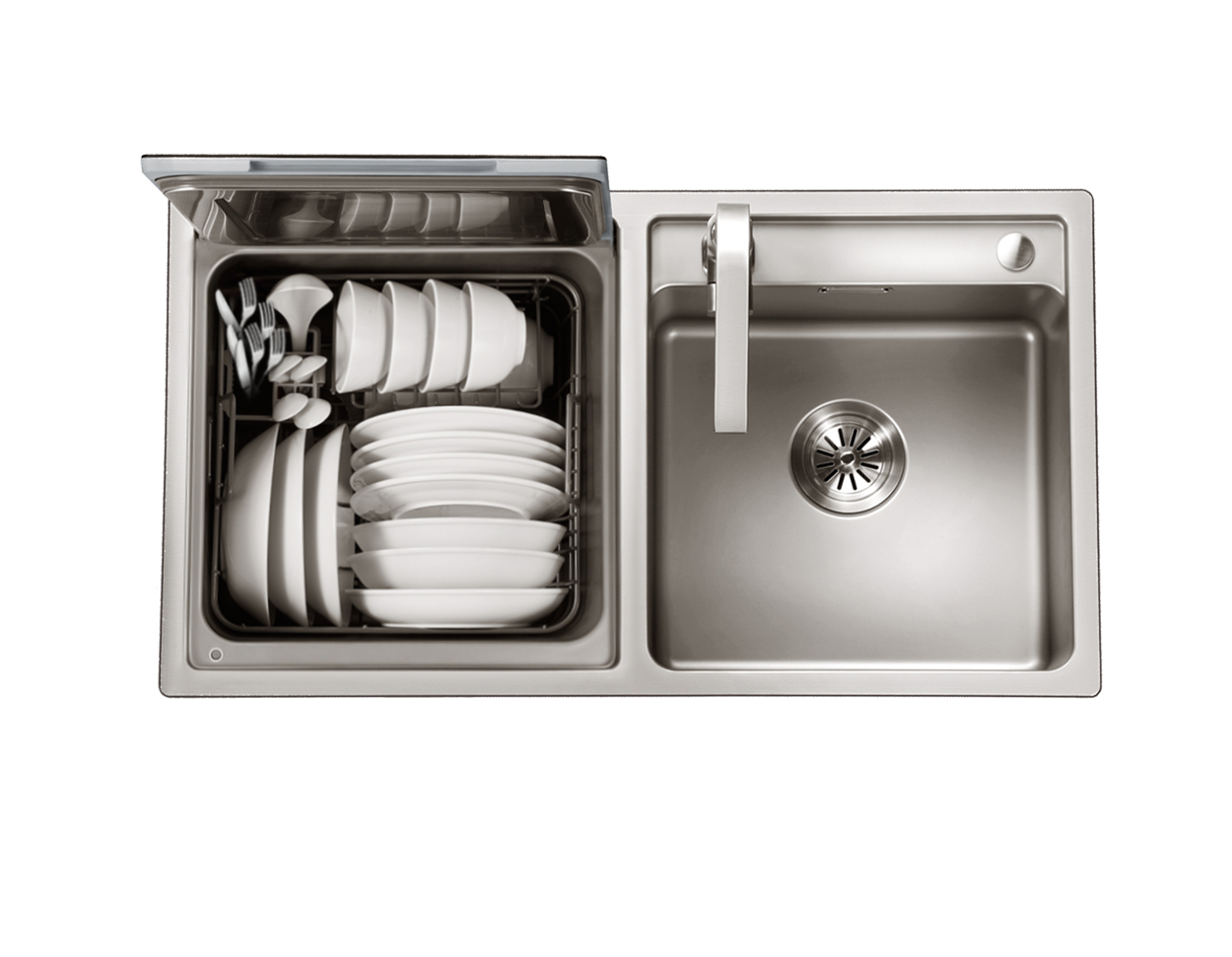 Lavavajillas 2 en 1 en fregadero FOTILE con orientación izquierda, de 18 pulgadas con control superior empotrado (Lado izquierdo de vidrio templado negro y acero inoxidable), Nivel de sonido estándar de 57.8 decibelios SD2F-P3L