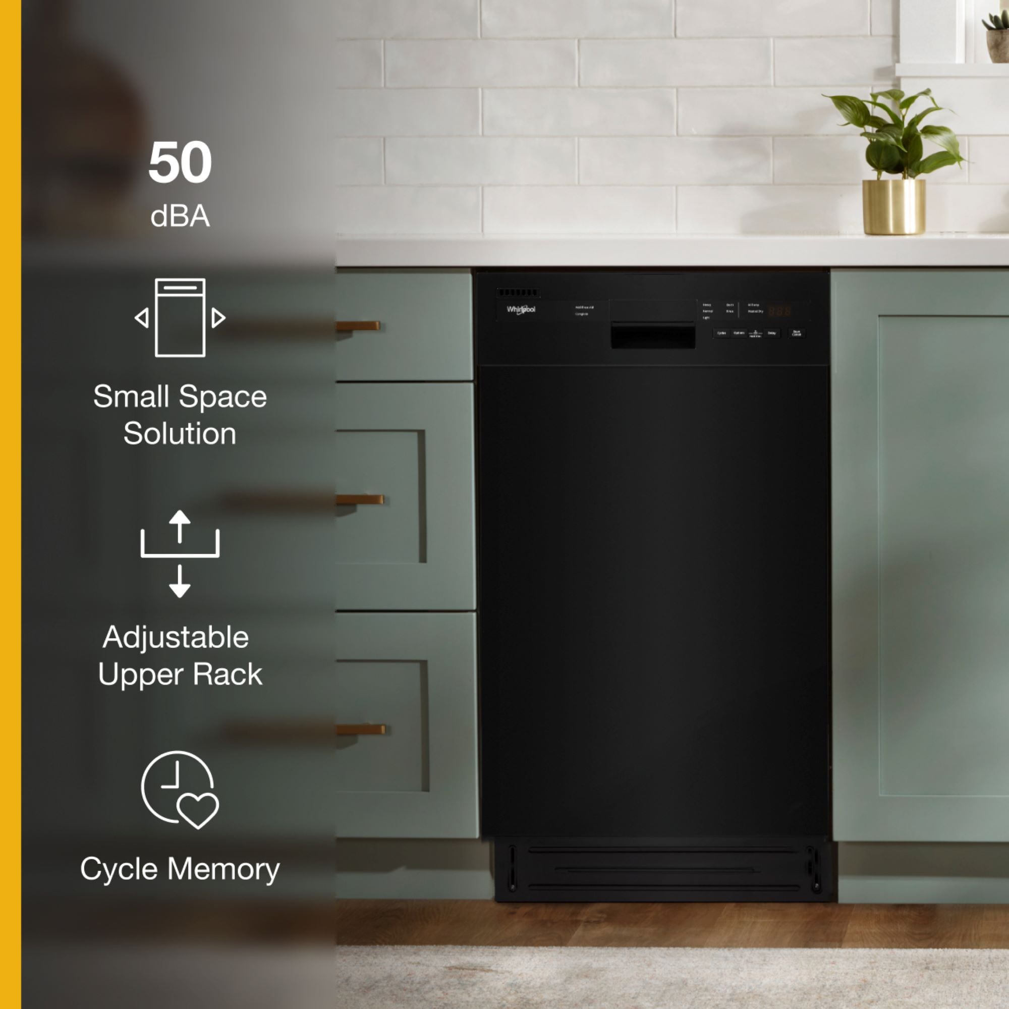 Lavavajillas Empotrado Whirlpool de 18 pulgadas con Control Frontal (Negro) ENERGY STAR, Nivel de Sonido Muy Silencioso de 50 decibeles WDPS5118PB