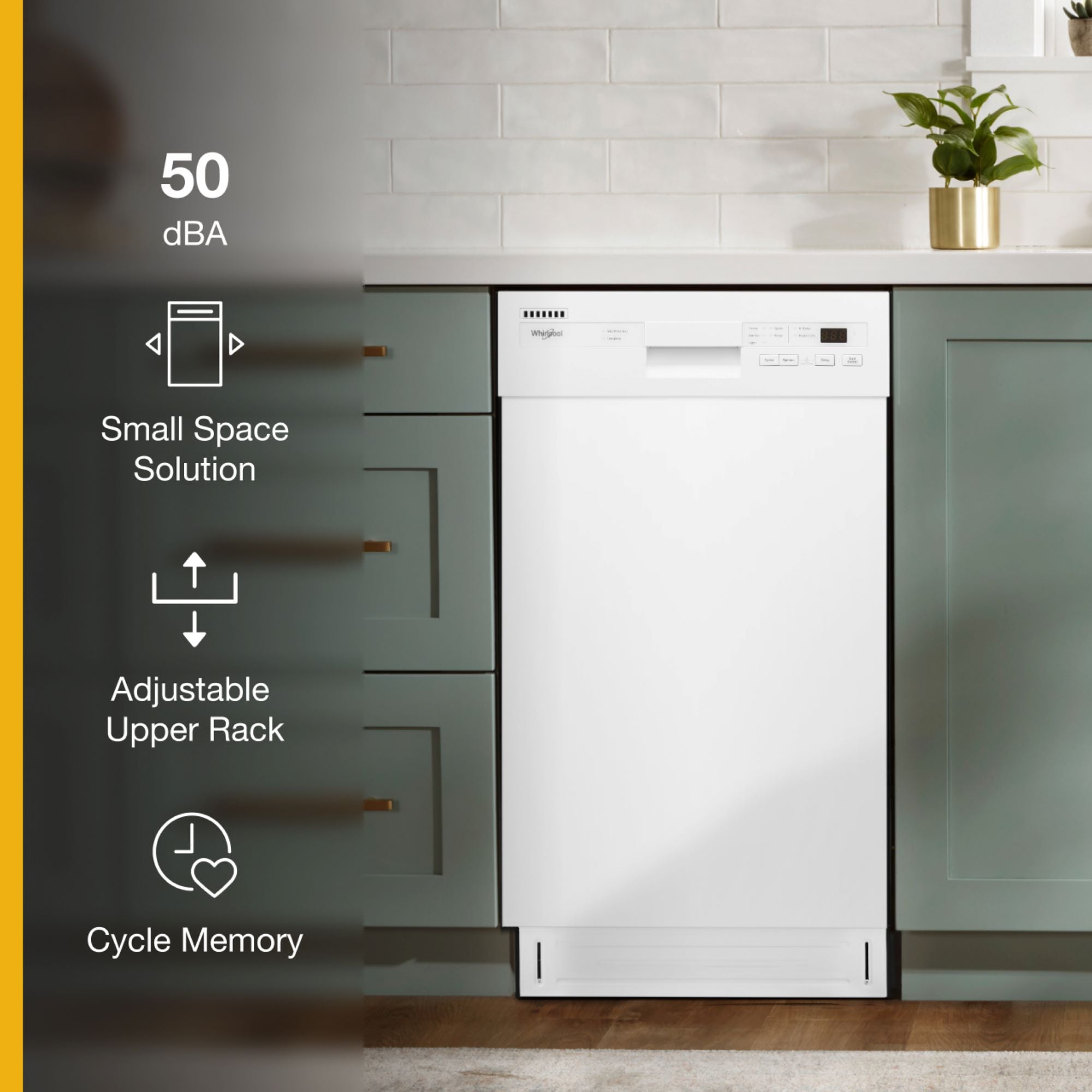 Lavavajillas Empotrado Whirlpool de 18 pulgadas con Control Frontal (Blanco) ENERGY STAR, Nivel de Sonido Muy Silencioso de 50 Decibeles WDPS5118PW