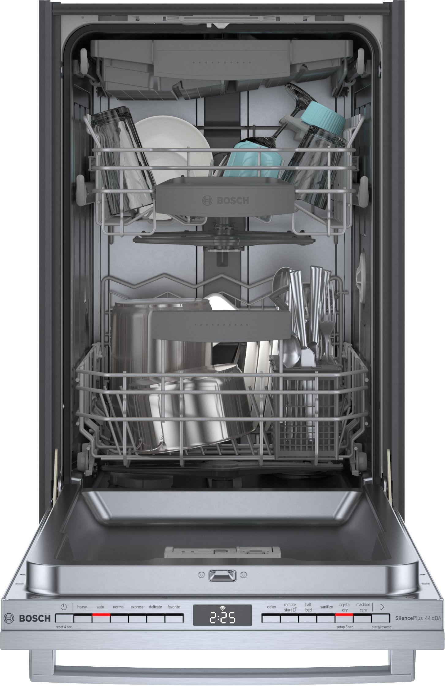Lavavajillas empotrable de control superior de la Serie 800 de Bosch con tercera parrilla (acero inoxidable), nivel de ruido muy bajo de 44 decibeles SPX68C75UC