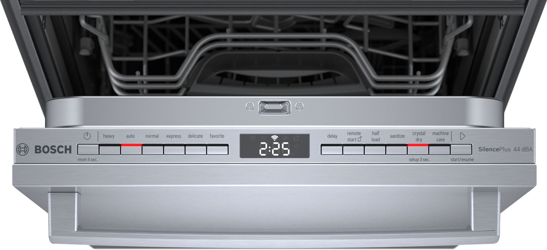 Lavavajillas empotrable de control superior de la Serie 800 de Bosch con tercera parrilla (acero inoxidable), nivel de ruido muy bajo de 44 decibeles SPX68C75UC