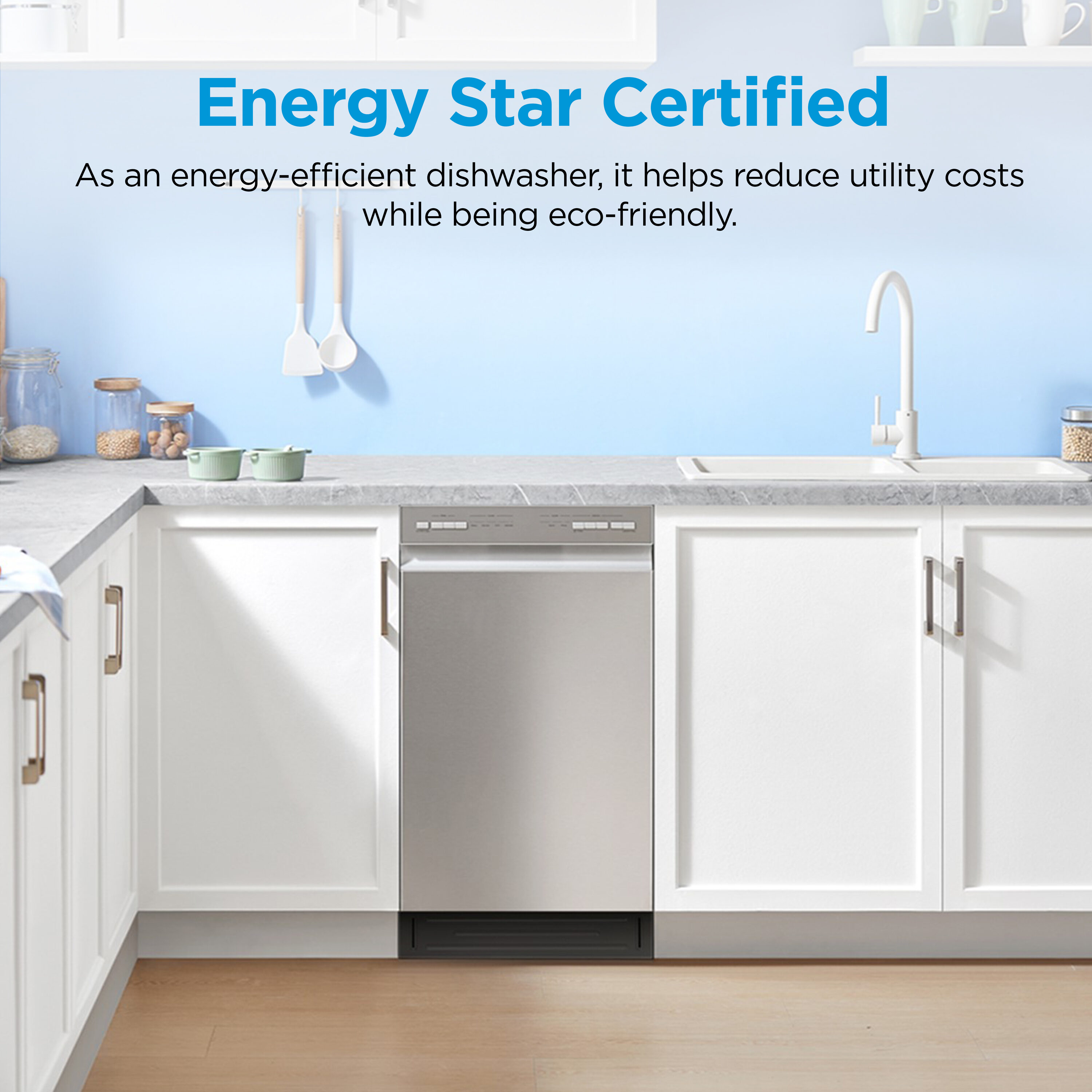 Lavavajillas empotrable de control frontal de 18 pulgadas de acero inoxidable con certificación ENERGY STAR, nivel de sonido estándar de 52 decibelios.