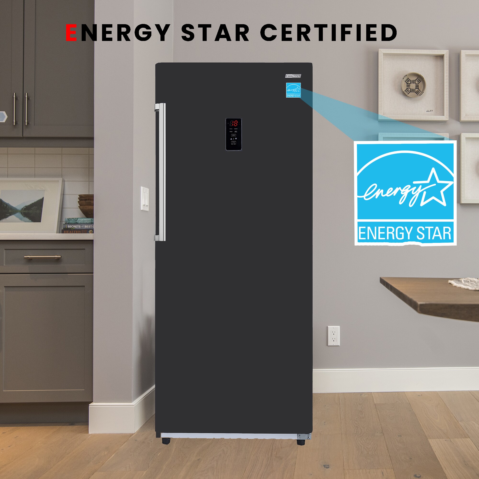 Congelador/Refrigerador Vertical Convertible ConServ de 14 pies cúbicos, listo para el garaje, sin escarcha (negro) Certificado ENERGY STAR FR1400 BREV