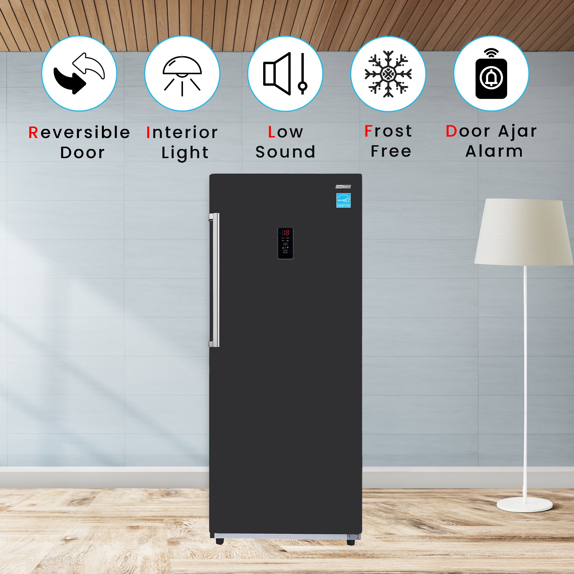 Congelador/Refrigerador Vertical Convertible ConServ de 14 pies cúbicos, listo para el garaje, sin escarcha (negro) Certificado ENERGY STAR FR1400 BREV