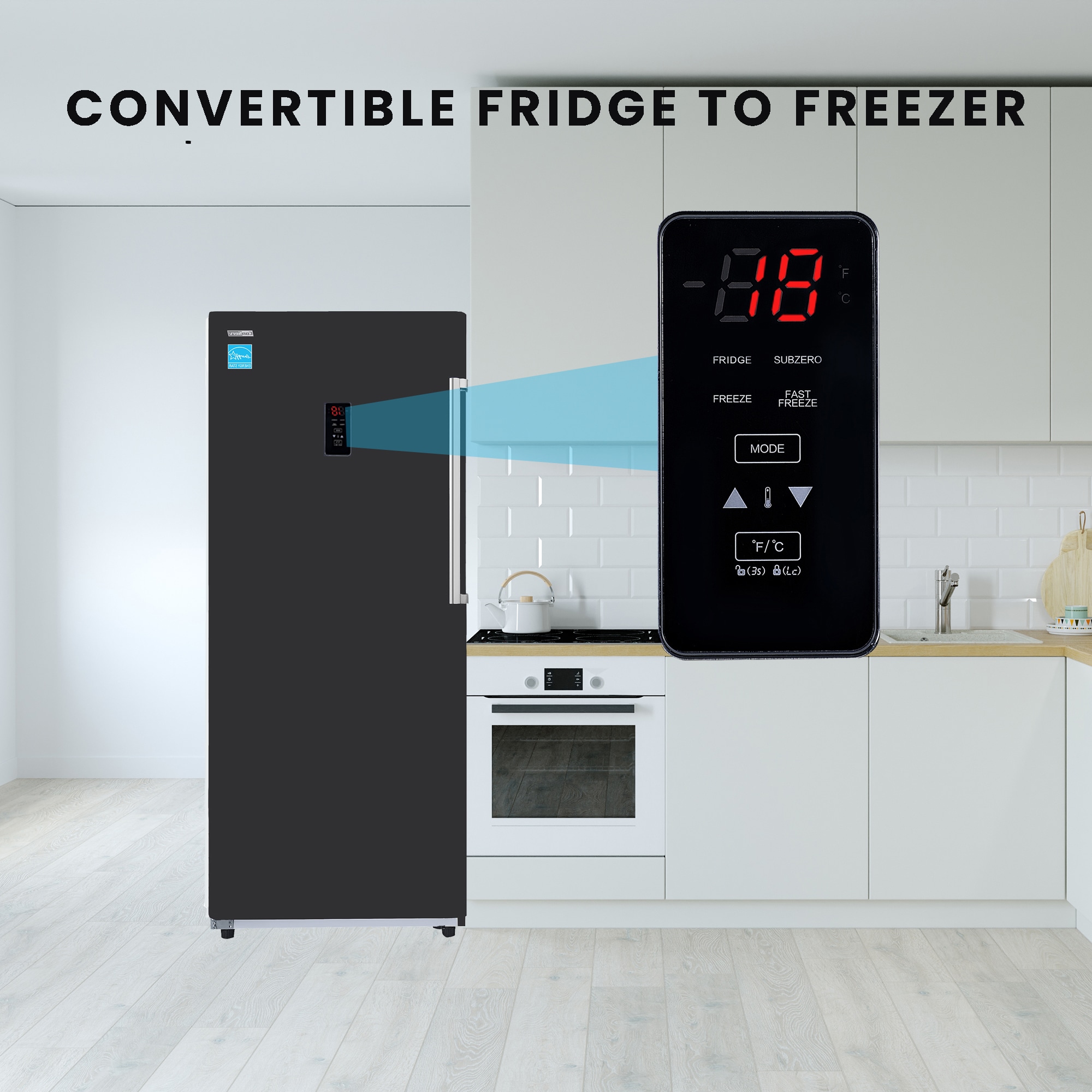 Congelador/Refrigerador Vertical Convertible ConServ de 14 pies cúbicos, listo para el garaje, sin escarcha (negro) Certificado ENERGY STAR FR1400 BREV
