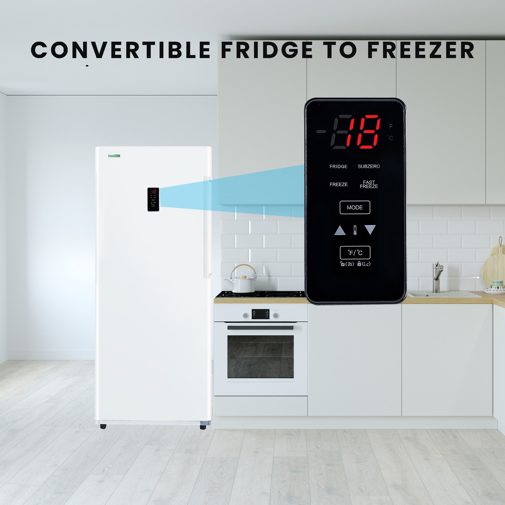 Congelador vertical convertible ConServ de 14 pies cúbicos, listo para garaje, sin escarcha y certificado ENERGY STAR en color blanco.