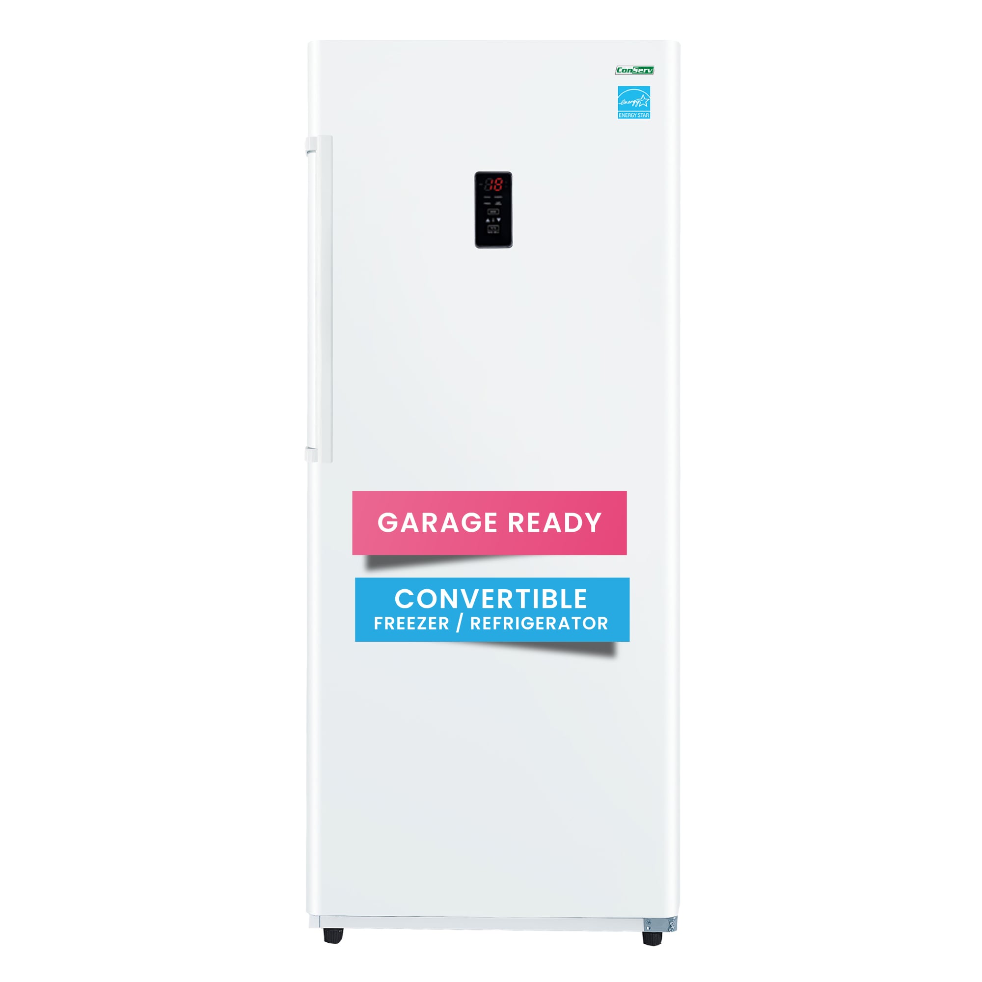Congelador vertical convertible ConServ de 14 pies cúbicos, listo para garaje, sin escarcha y certificado ENERGY STAR en color blanco.