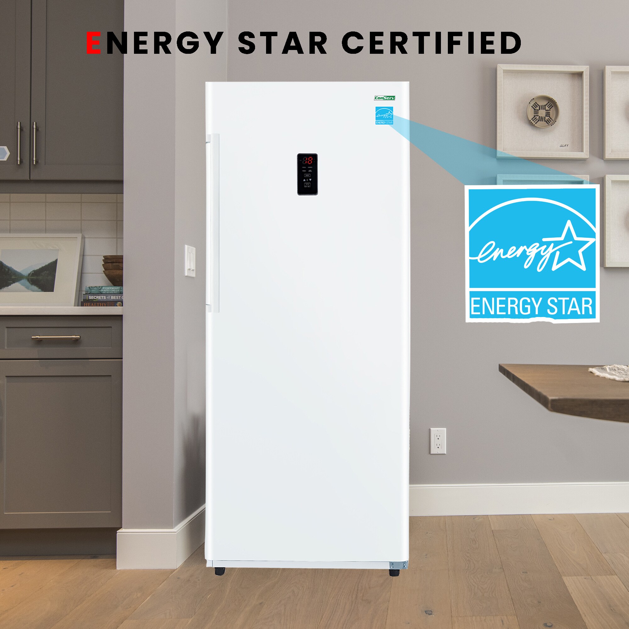 Congelador vertical convertible ConServ de 14 pies cúbicos, listo para garaje, sin escarcha y certificado ENERGY STAR en color blanco.