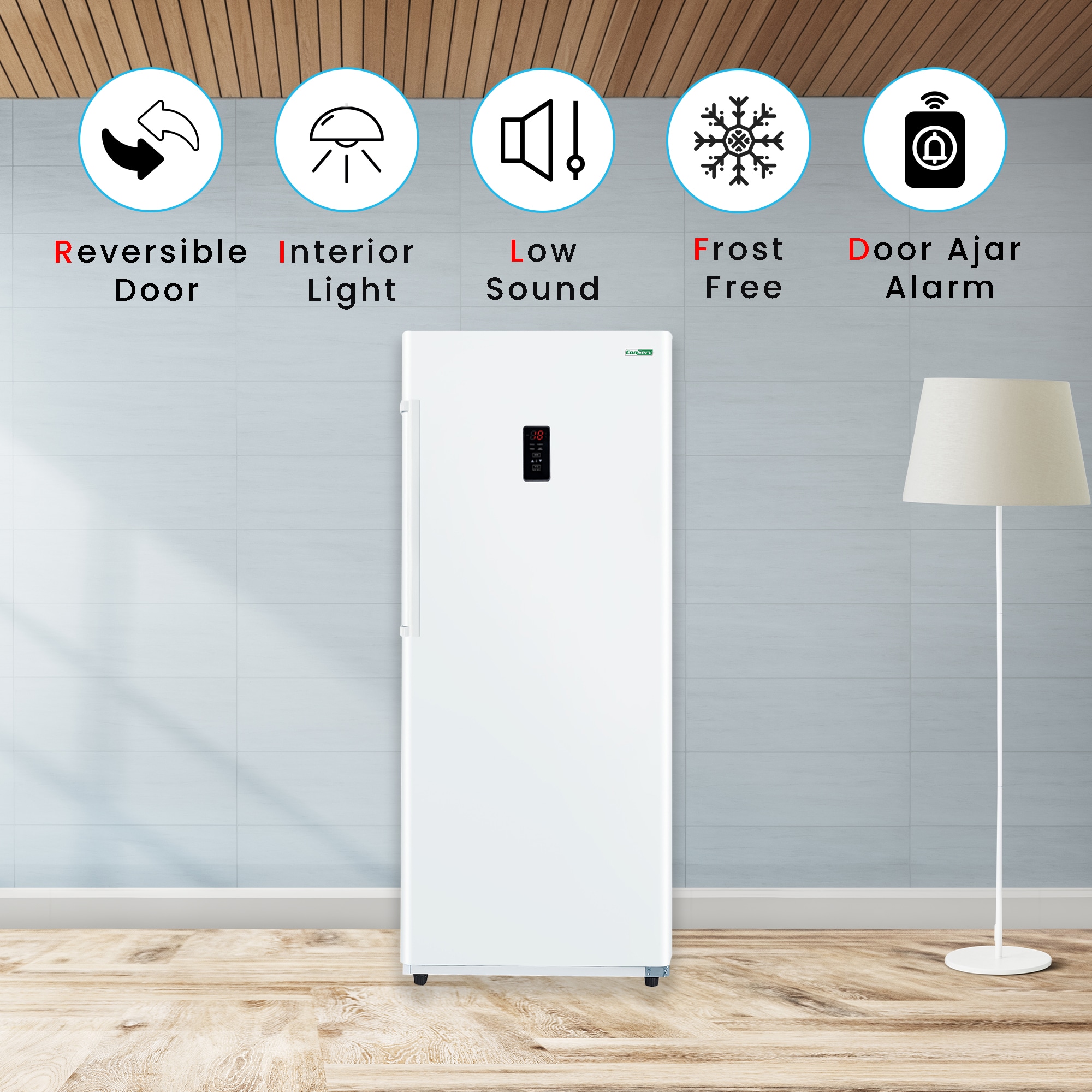 Congelador vertical convertible ConServ de 14 pies cúbicos, listo para garaje, sin escarcha y certificado ENERGY STAR en color blanco.