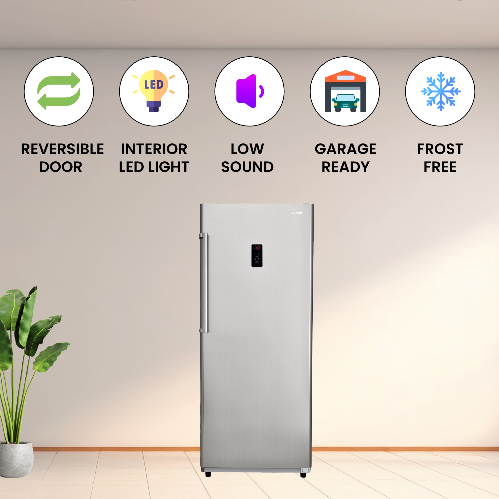 Congelador/Refrigerador vertical convertible ConServ de 17 pies cúbicos listo para garaje, sin escarcha (acero inoxidable) Certificado ENERGY STAR FR1700 SREV.
