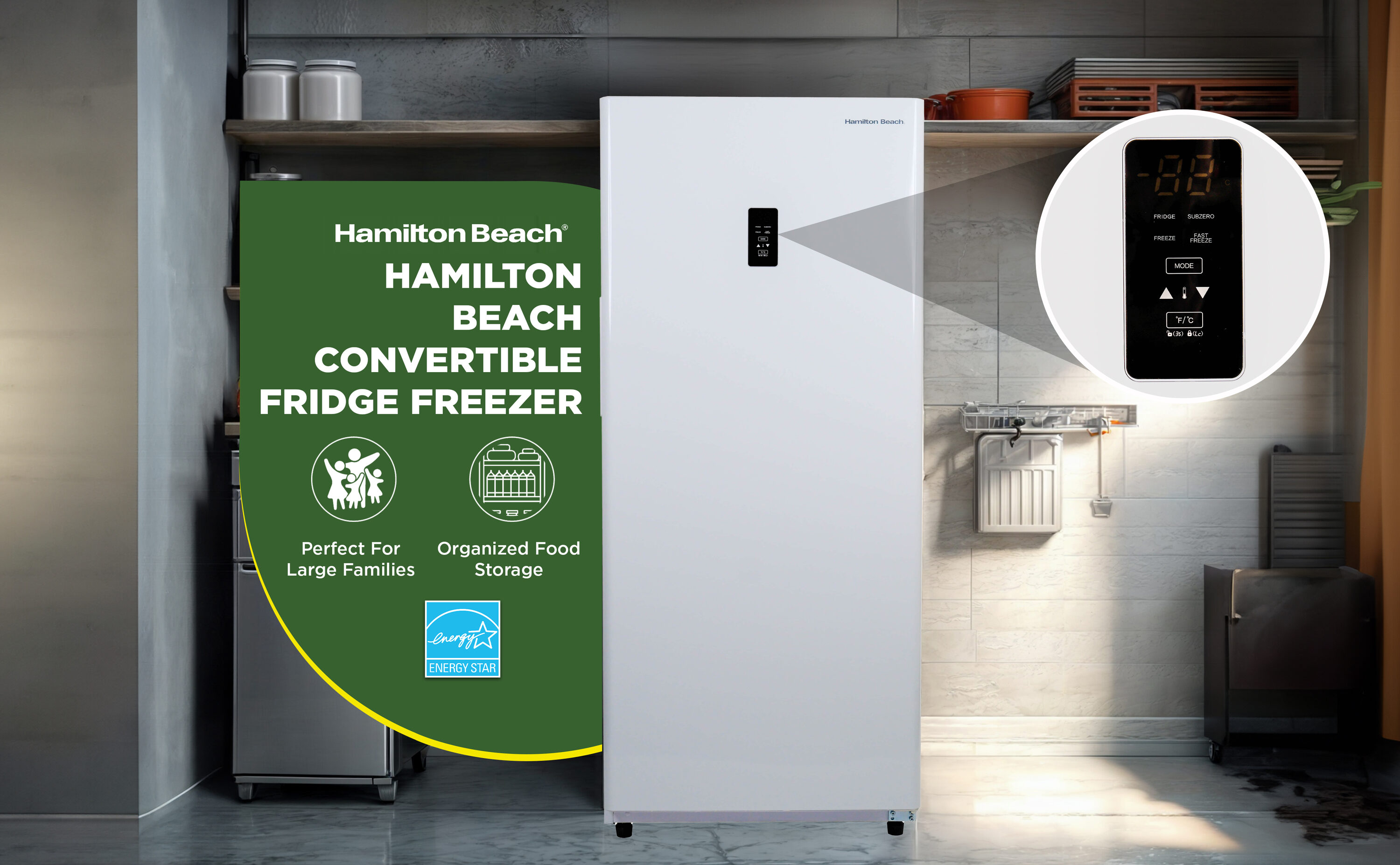 Congelador/Refrigerador Vertical Convertible Hamilton Beach de 14 pies cúbicos, listo para garaje, congelador vertical sin escarcha (Blanco) HBFRF1494-BLANCO