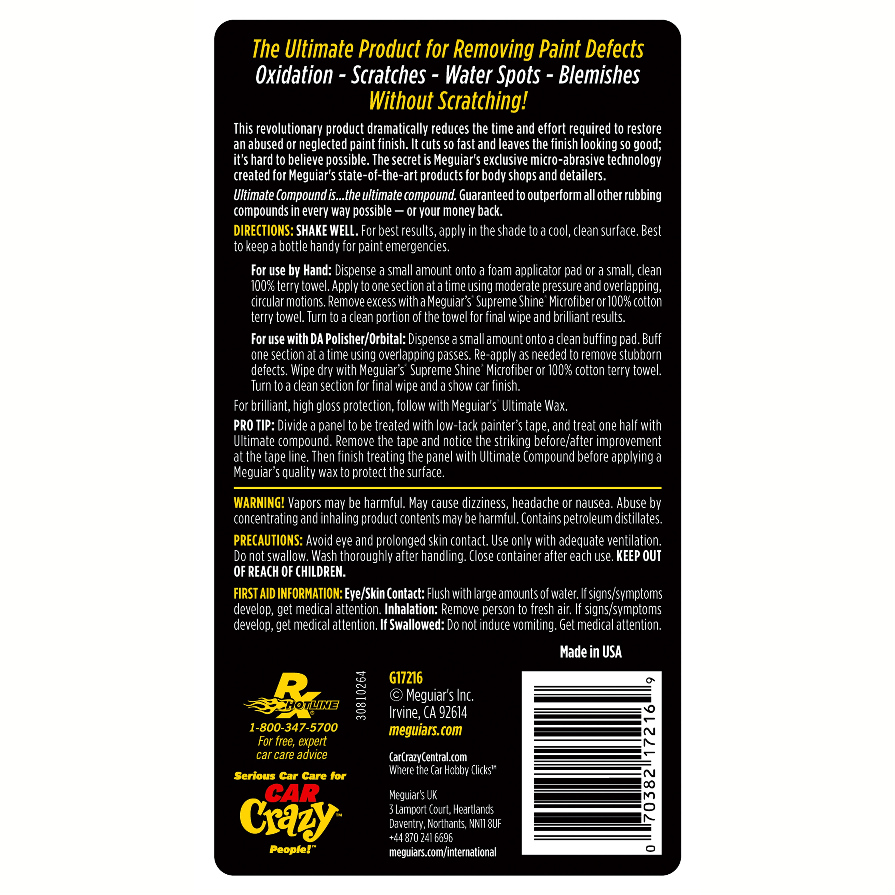 Meguiar's Ultimate Compound 15.2 Onzas Líquidas para Lavado Exterior de Coche G17216