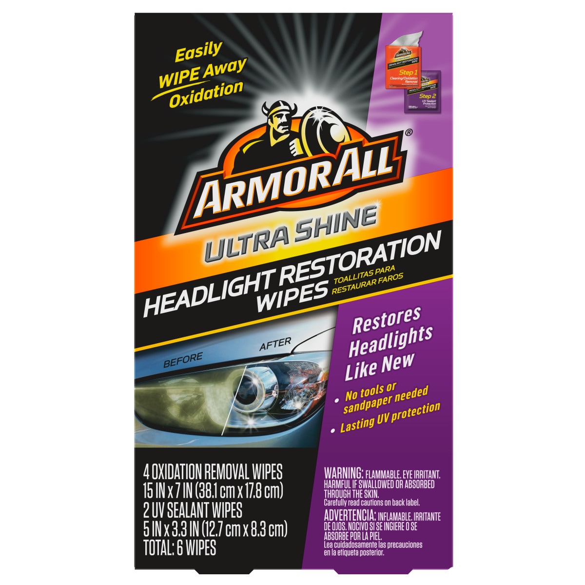 Armor All Toallitas para Restauración de Faros Ultra Brillo Kit de Restauración para Exterior de Autos de 6 Piezas 18514W
