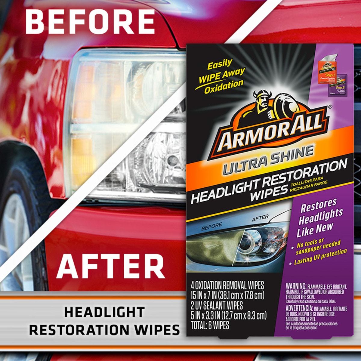 Armor All Toallitas para Restauración de Faros Ultra Brillo Kit de Restauración para Exterior de Autos de 6 Piezas 18514W