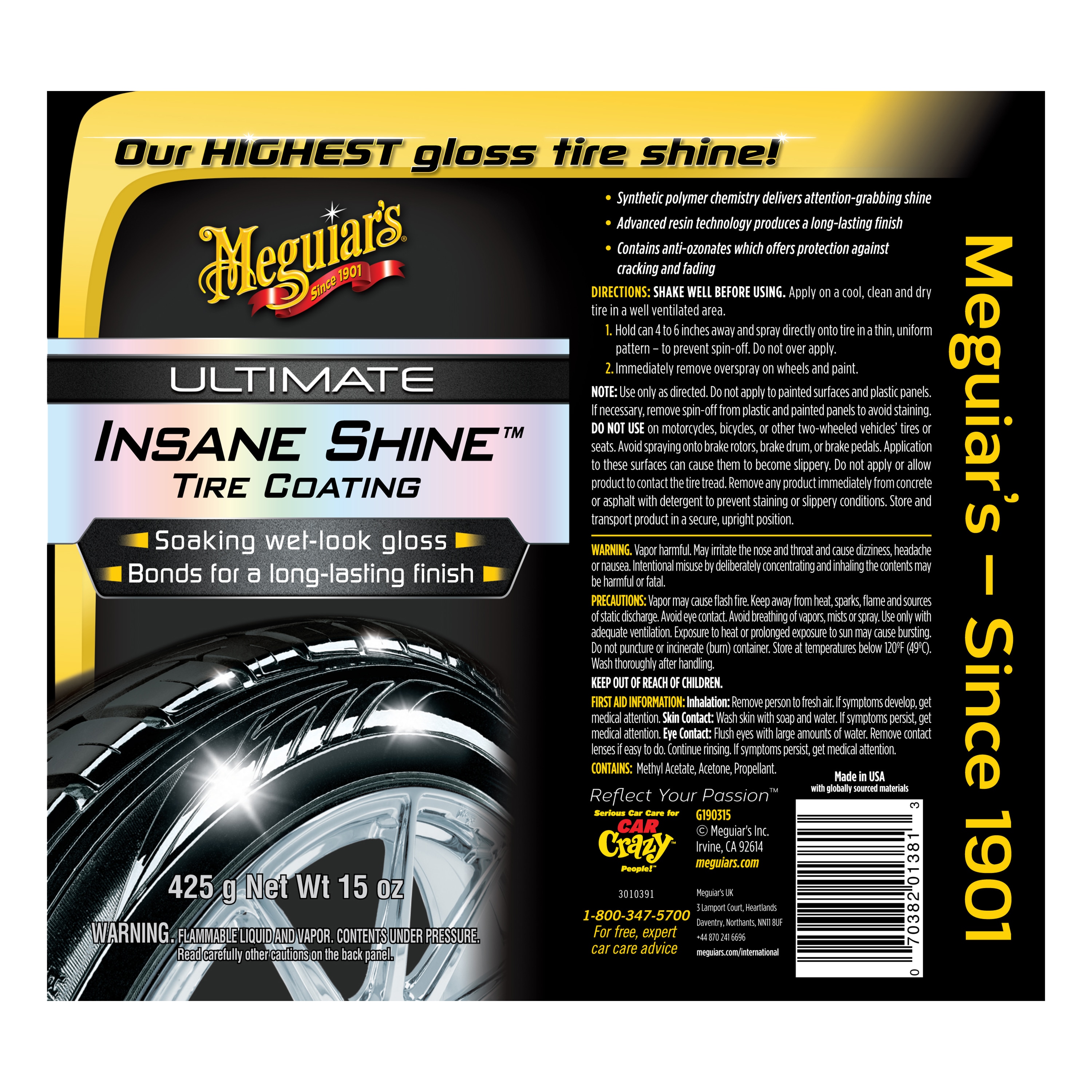 Meguiar's Ultimate Brillo Increíble Recubrimiento para Llantas 15 Onzas Cera para Exterior de Auto G190315