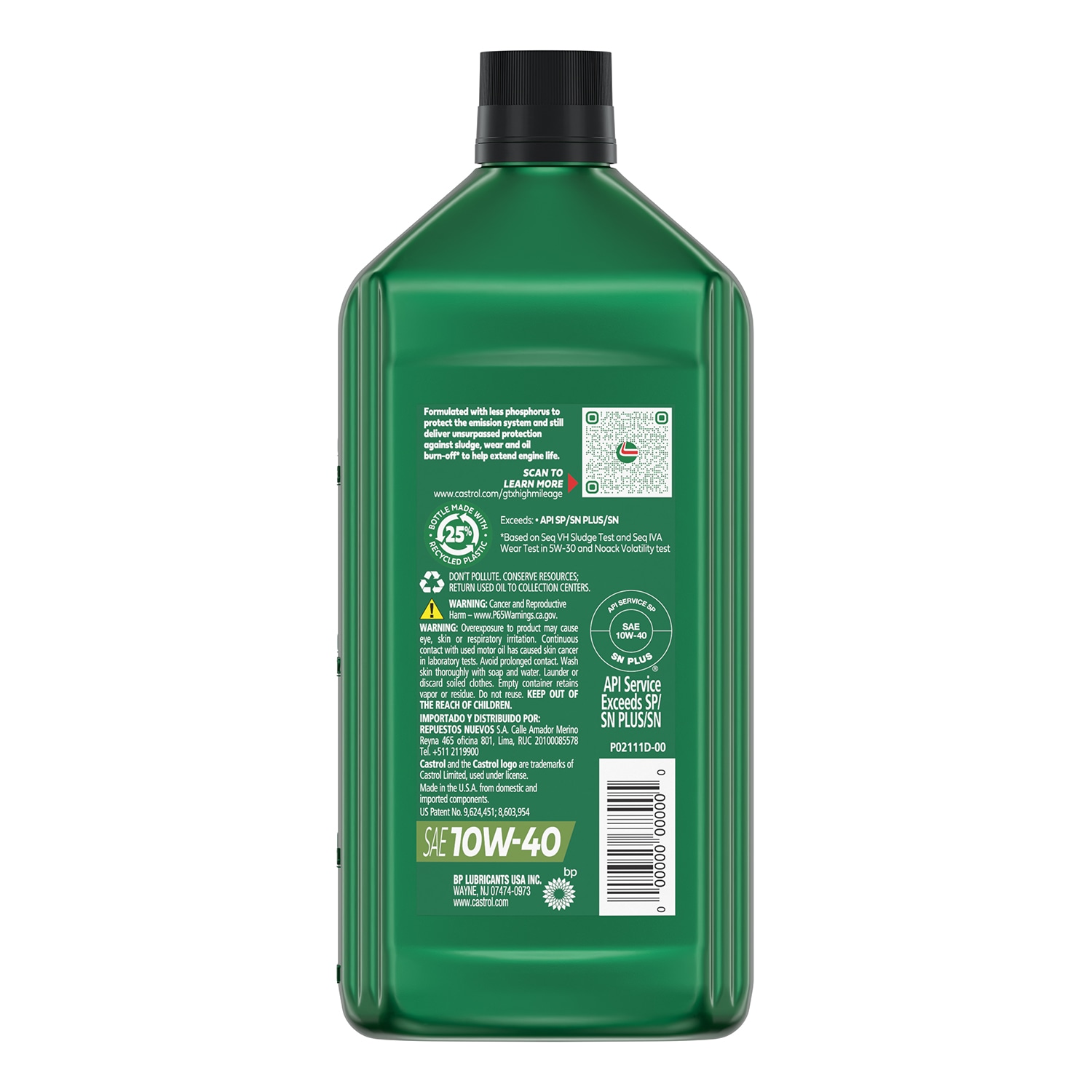 Aceite de Motor Sintético Mezclado para Alto Rendimiento CASTROL GTX de 10W-40 para Autos con Kilometraje Elevado, 1 Cuarto