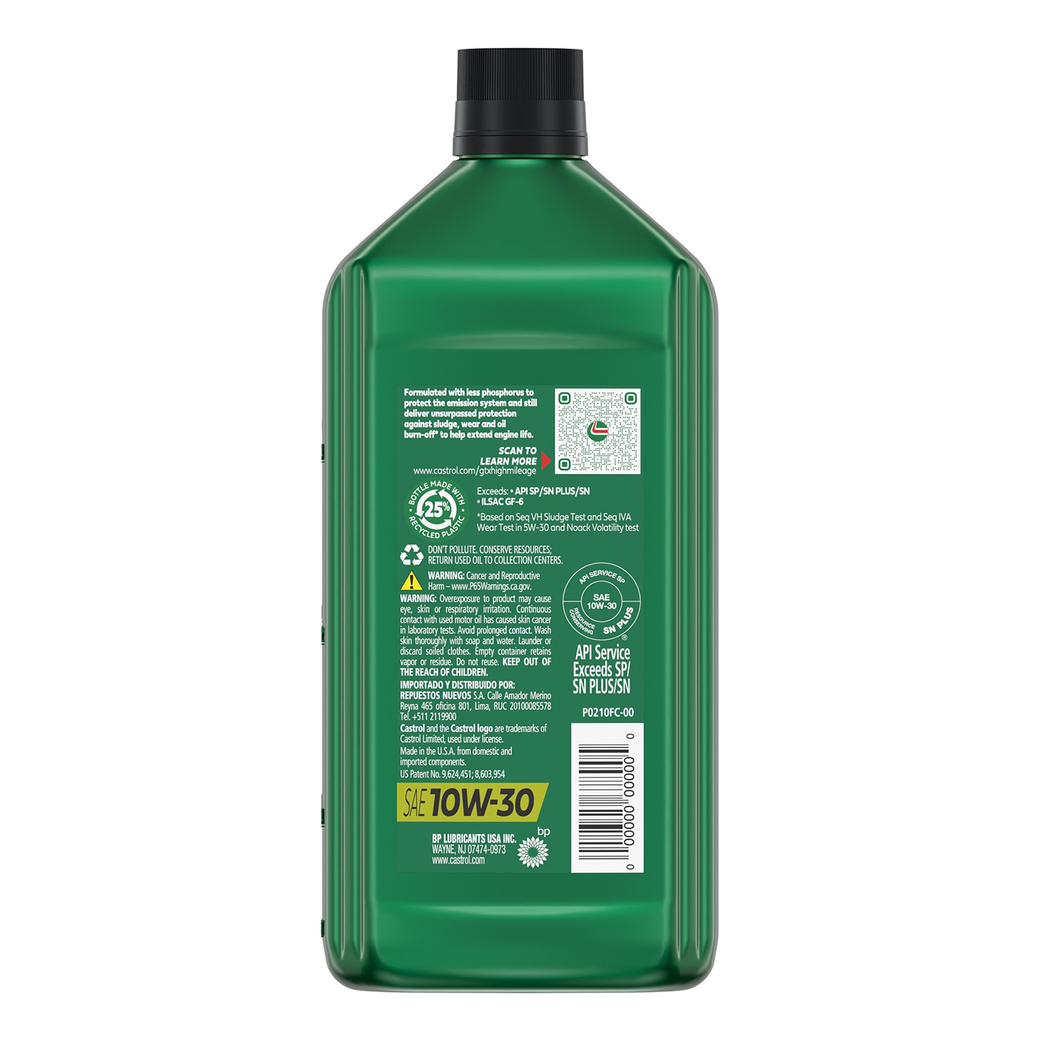 Aceite de Motor Sintético en Mezcla CASTROL GTX High Mileage 10W-30 para Autos con Muchos Kilómetros, 1 Cuarto