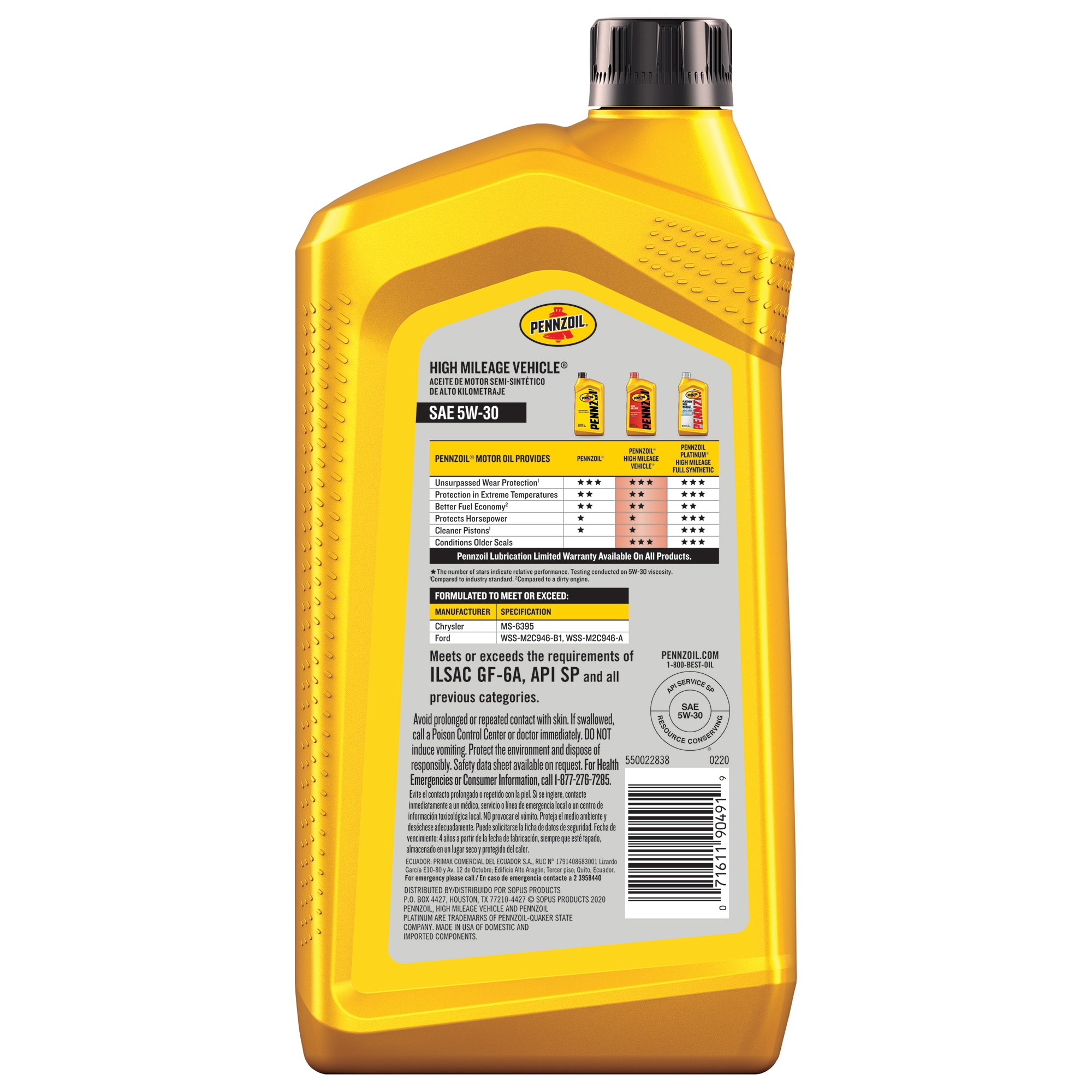 Aceite para motor de alto kilometraje Pennzoil 1 cuarto 5W-30 - Reduce fugas y consumo, lubrica, limpia y protege motores