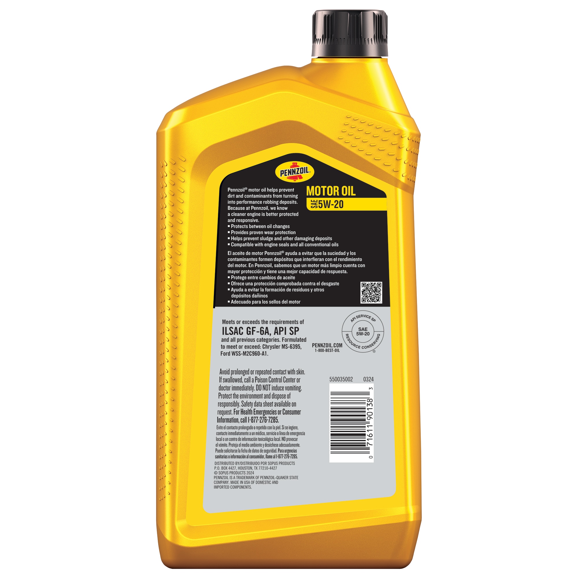 Aceite de motor convencional Pennzoil de 1 cuarto 5W-20 para motores de gasolina, RV y ATV/UTV