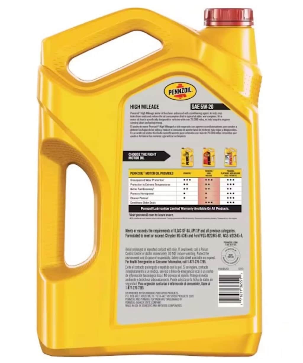 Aceite de Motor Convencional Pennzoil 5 Cuartos 5W-20 para Motores de Alto Kilometraje