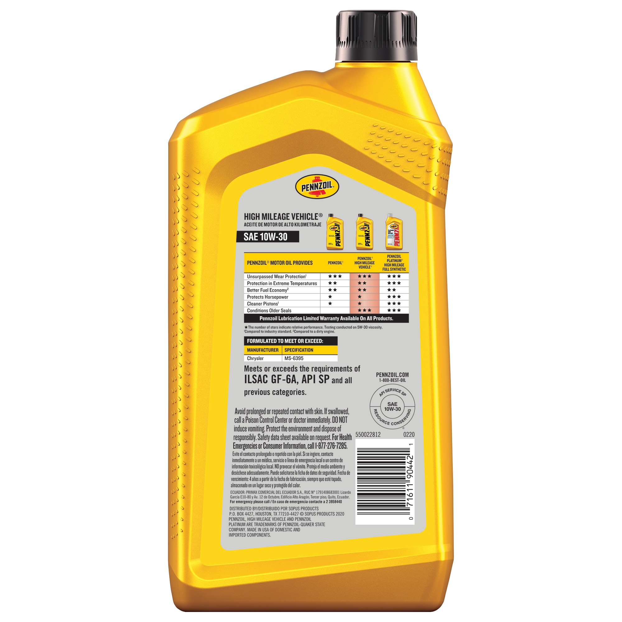 Aceite para motores de alto kilometraje de 10W-30 en presentación de 1 cuarto para motores viejos con agentes acondicionadores 550022812