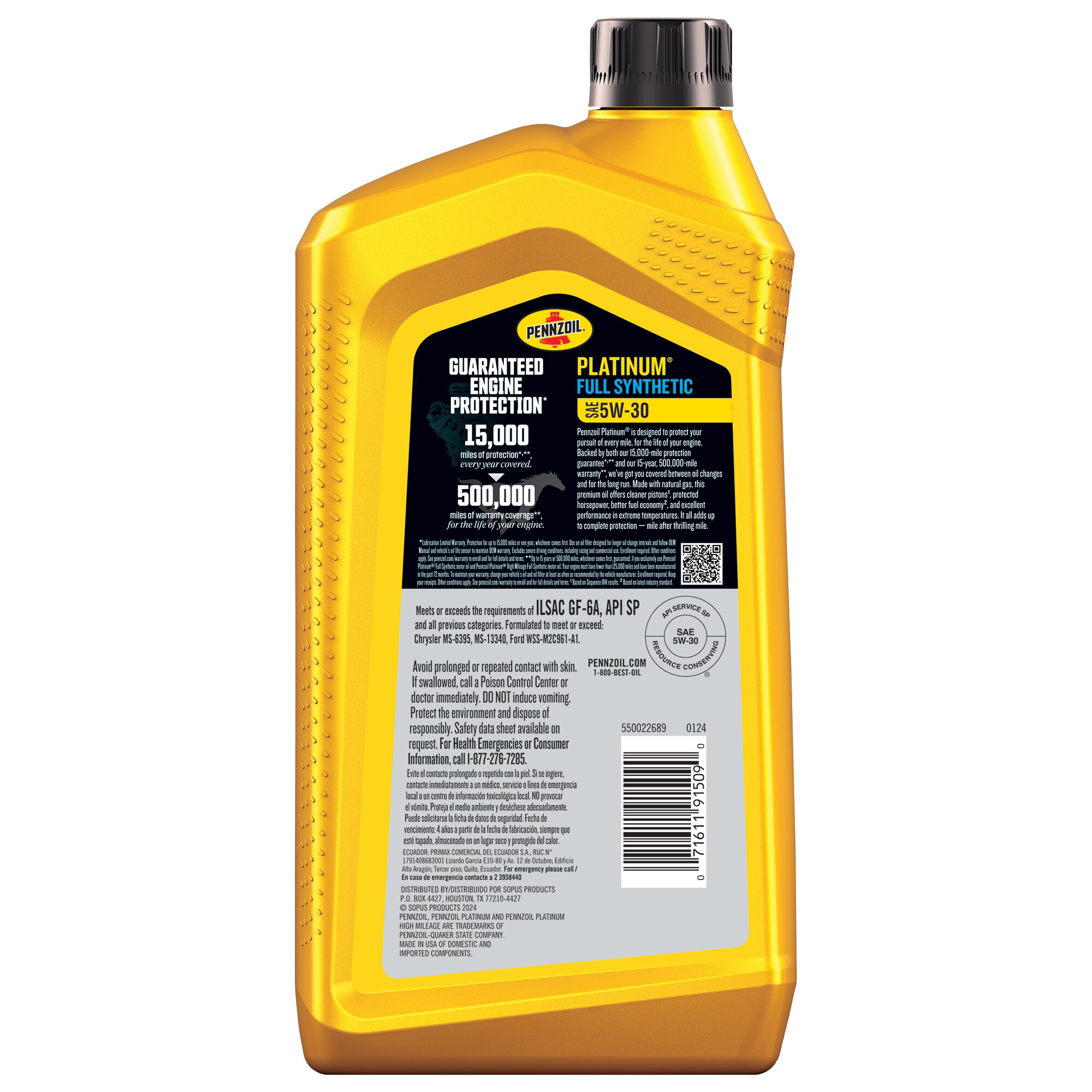 Aceite Sintético Completo Pennzoil 5W-30 Platinum de 1 Cuarto para Motores a Gasolina y de Alto Kilometraje