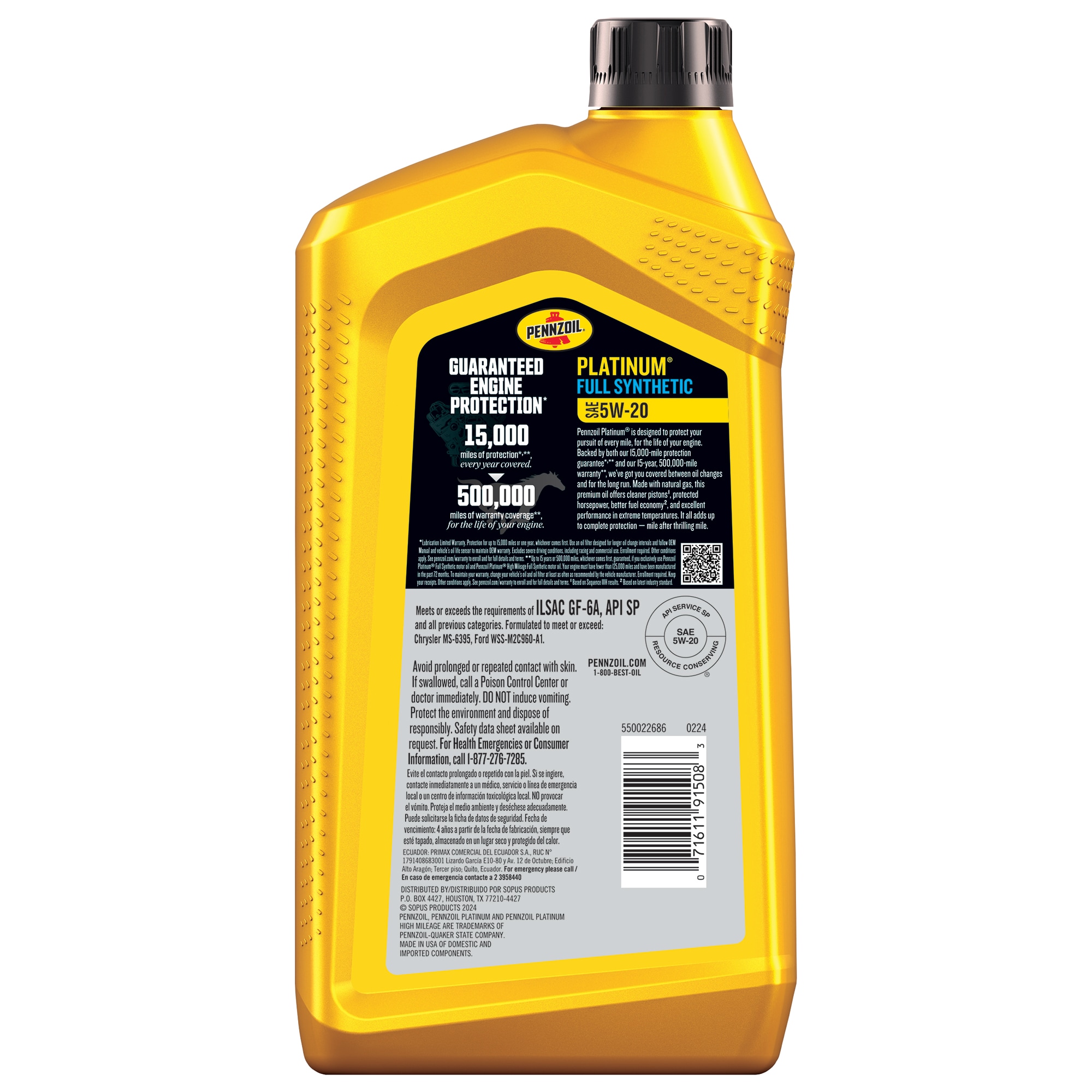 Aceite Sintético Completo Pennzoil Platinum 5W-20 de 1 cuarto para un mejor rendimiento de combustible y limpieza sobresaliente de pistones 550022686