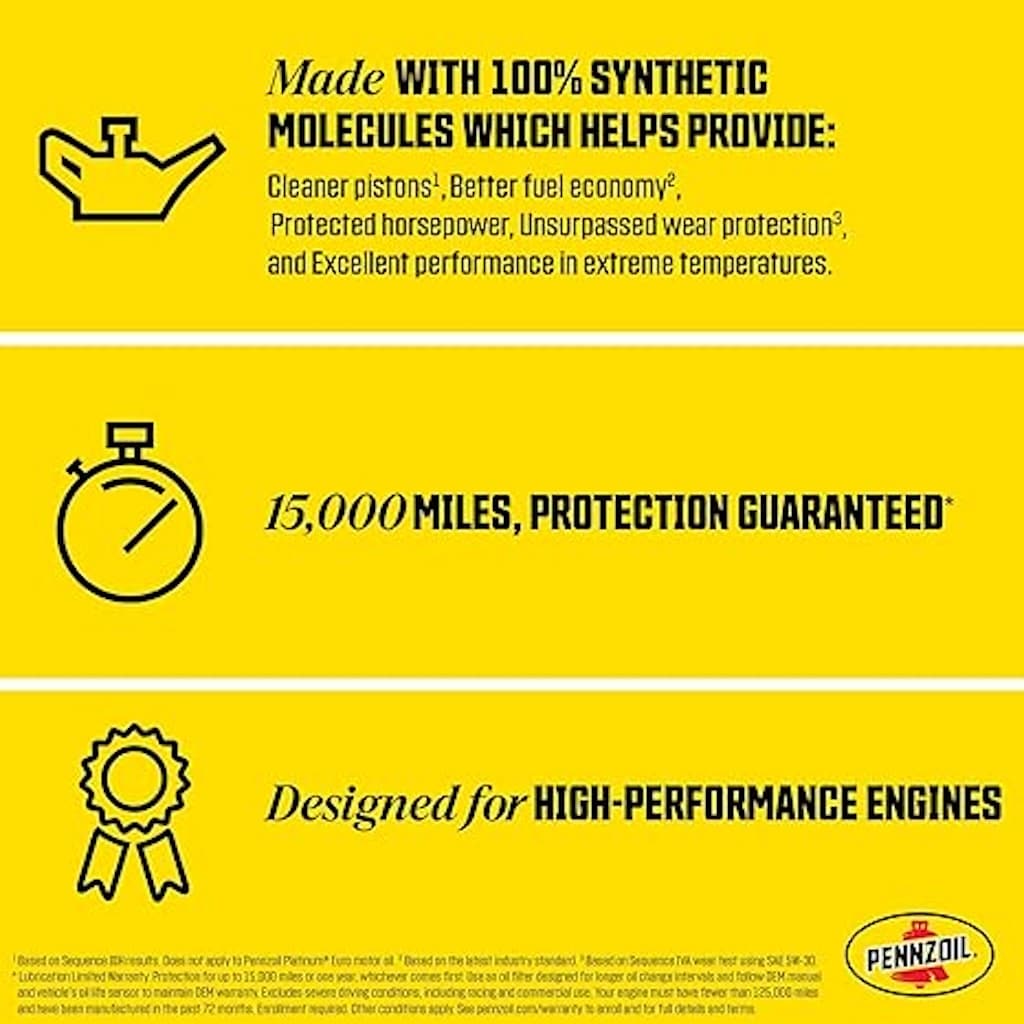 Aceite Sintético Completo Pennzoil Platinum 5W-20 de 1 cuarto para un mejor rendimiento de combustible y limpieza sobresaliente de pistones 550022686
