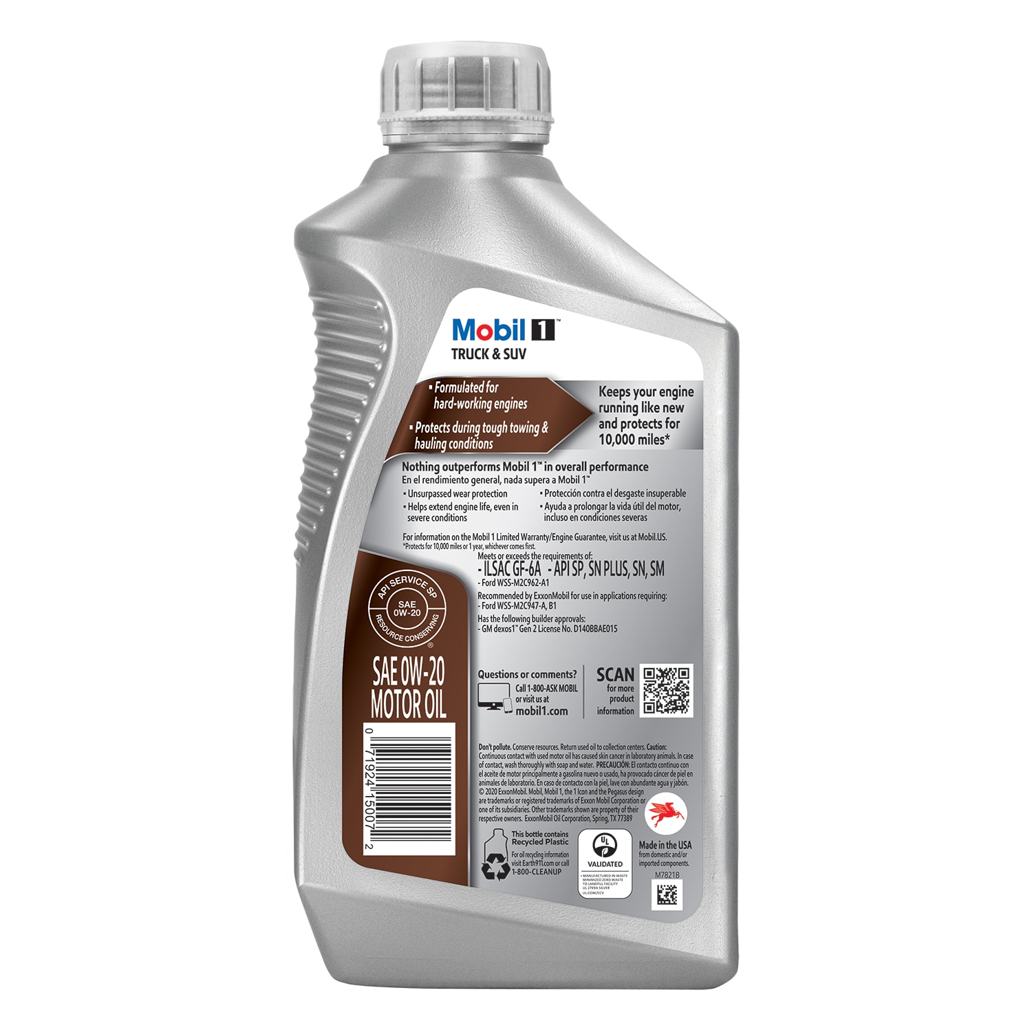 Aceite para motor Mobil 1 Truck/SUV 0W20 en presentación de un cuarto.